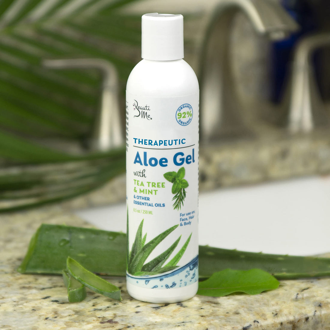 Beauti Me Organic Aloe Vera Gel for Face, Skin, Hair, Sunburn Relief, Infused with Therapeutic Tea Tree and Mint - 8.5 oz