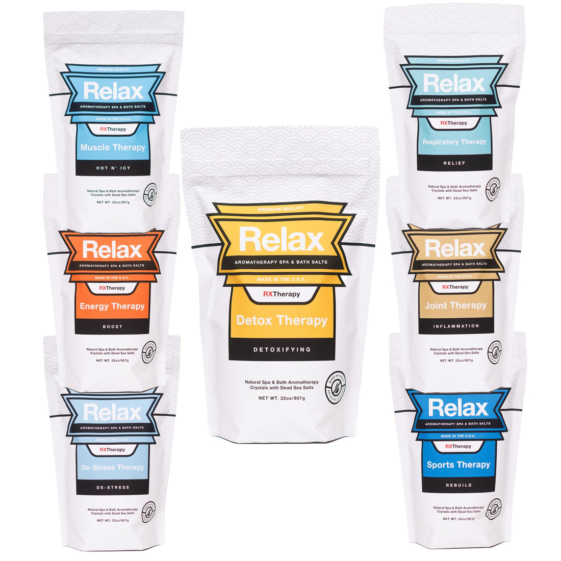 Relax Spa & Bath, Epsom & Dead Sea Salts, Aromatherapy Bath Salts for Hot Tub, Bath, or Spa, Infused with Magnesium, 32 oz Each, 7 Pack RX Therapy