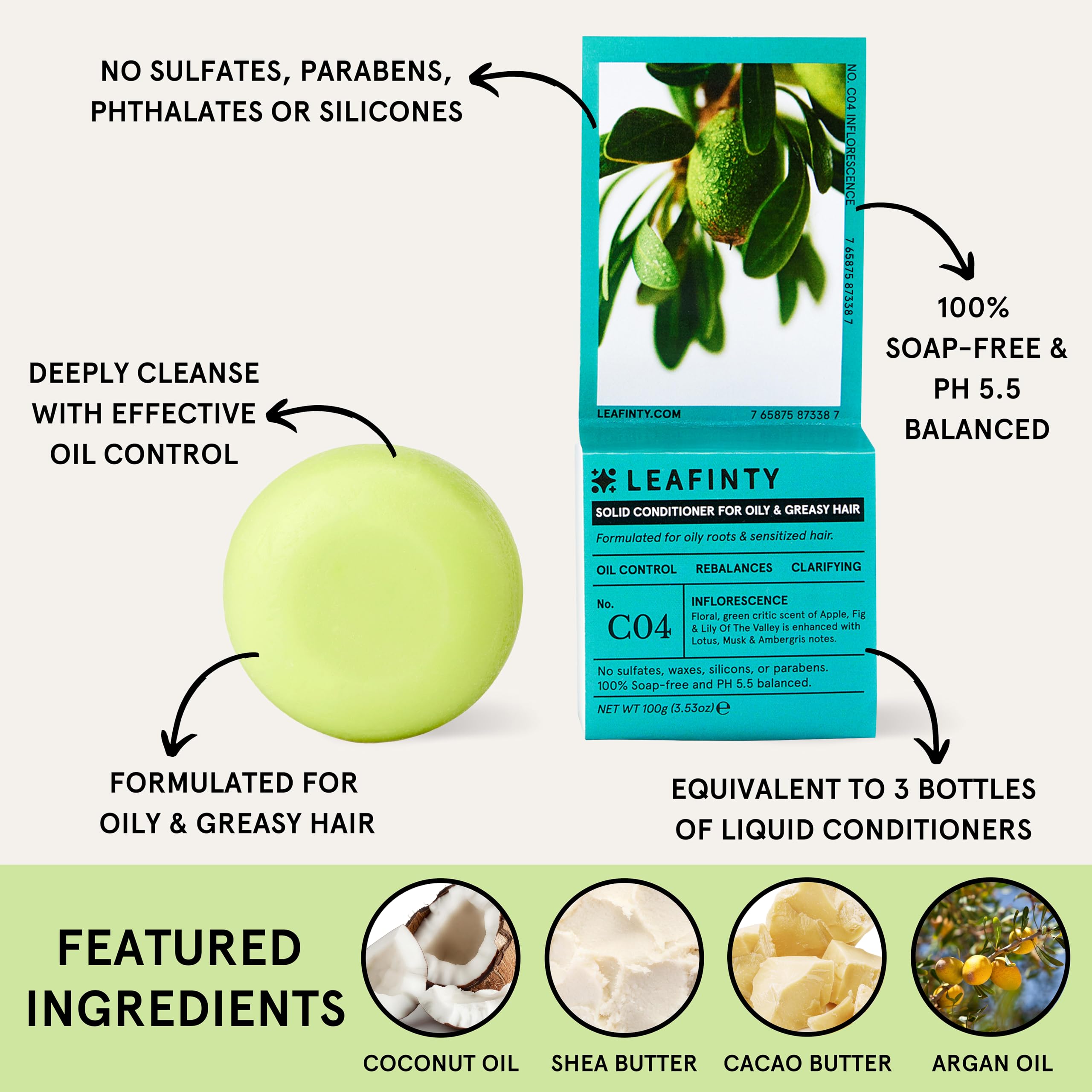 Leafinty Conditioner Bar for Oily Hair- Sulfate Free, Natural, Sustainable, Zero Waste,100g (Pack of 1, up to 75 uses)