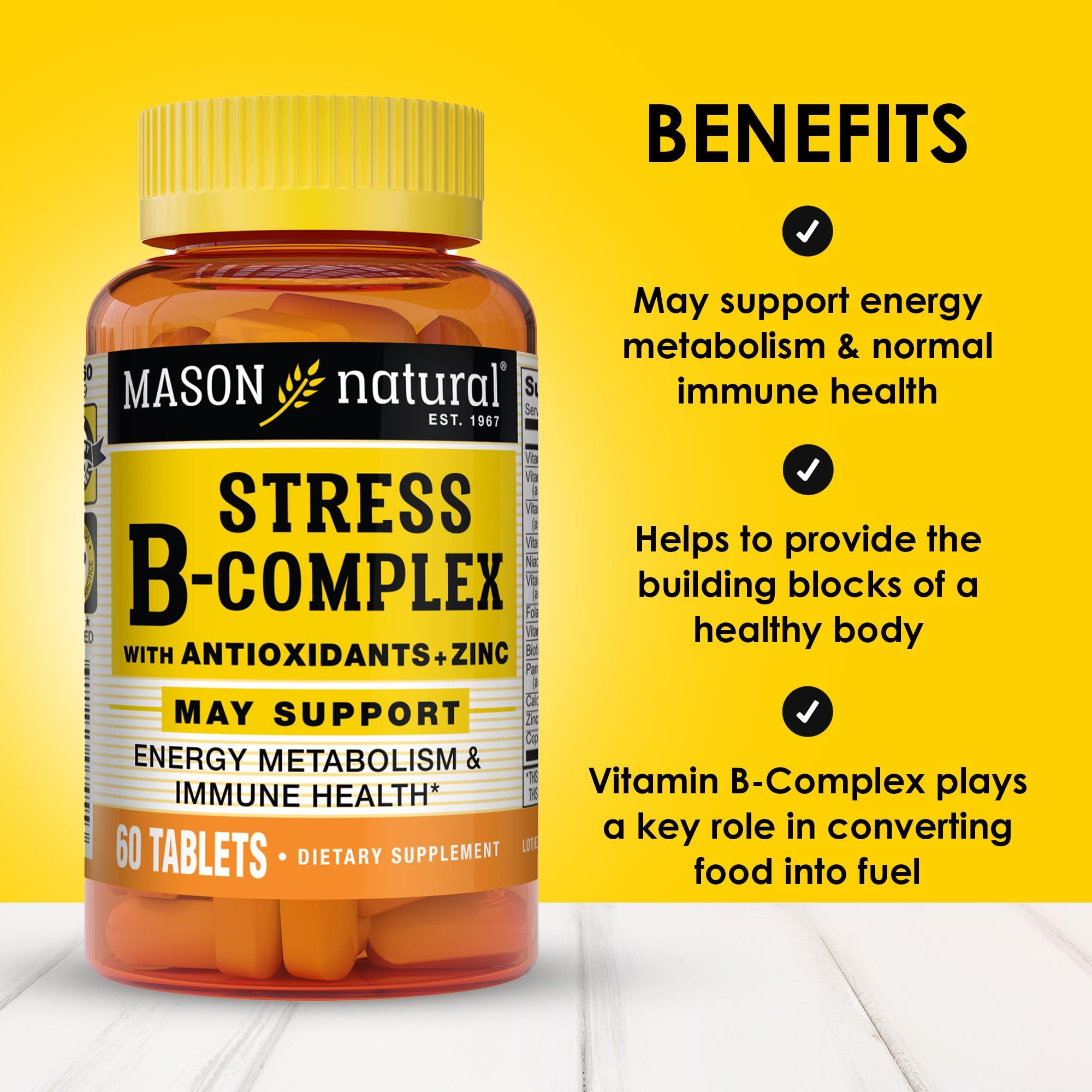 MASON NATURAL Stress B-Complex with Antioxidants + Zinc, 6 Month Supply, Dual Action Formula, Supports Energy Metabolism & Immune Health, 3 Pack