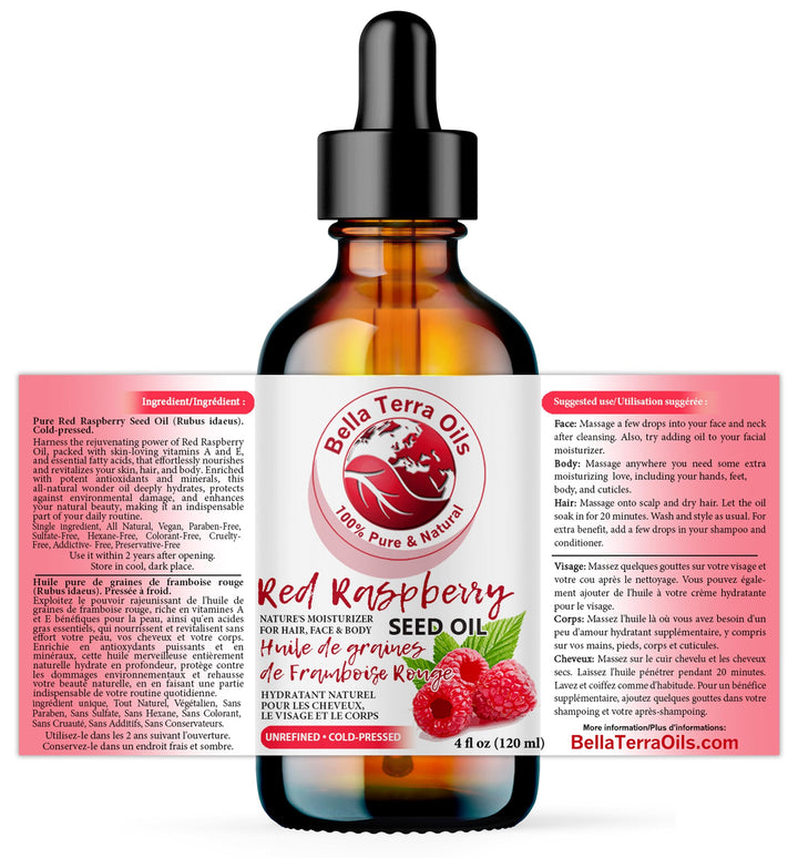 Bella Terra Oils - Red Raspberry Seed Oil 4oz - Pure Cold-Pressed Alchemy, Abundant in Ellagic Acid & Omega Fatty Acids, Nature's Gift for Beautiful Skin