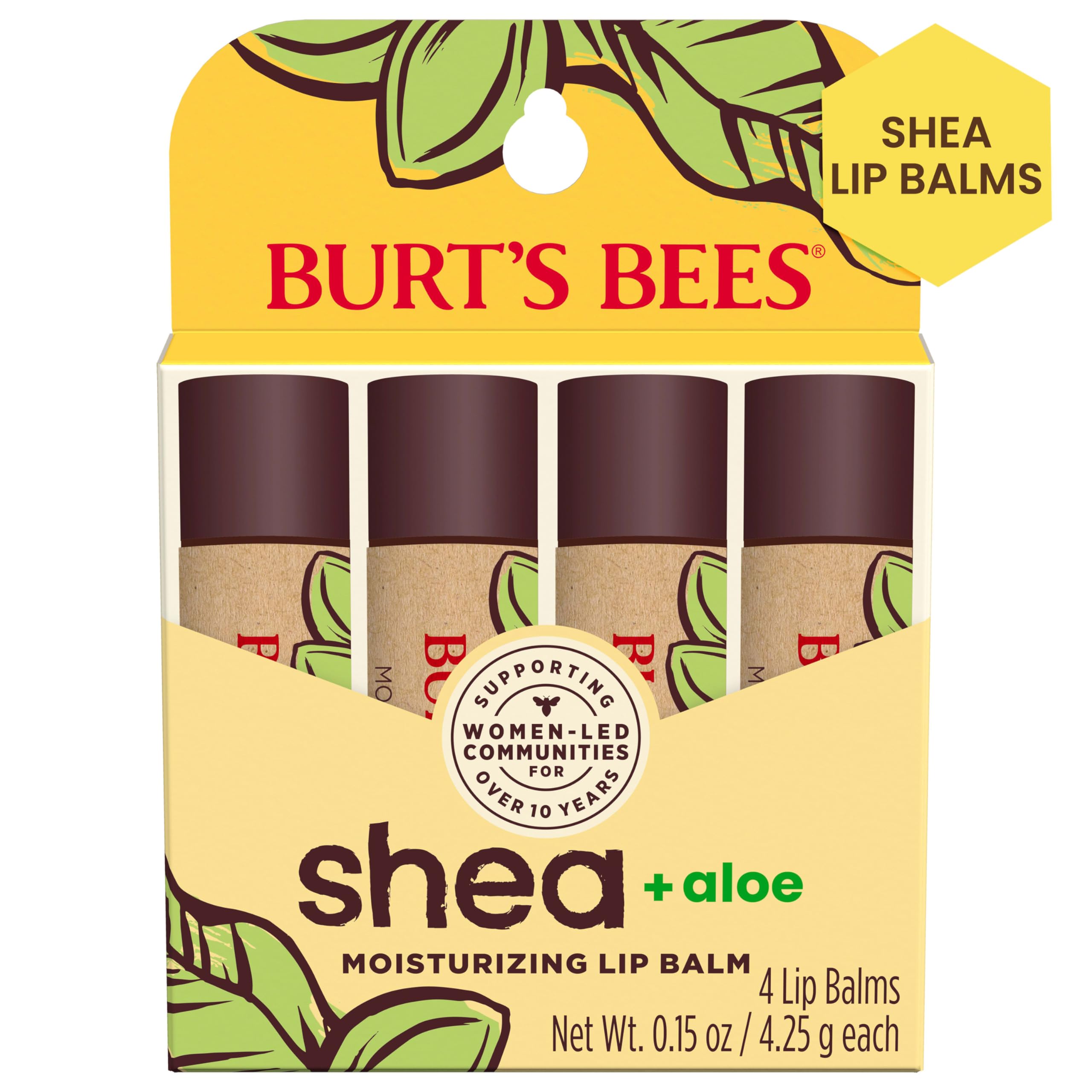 Burt's Bees Shea and Aloe Moisturizing Lip Balm, Lip Moisturizer With Responsibly Sourced Beeswax, Tint-Free, Natural Origin Conditioning Lip Treatment, 4 Tubes, 0.15 oz.
