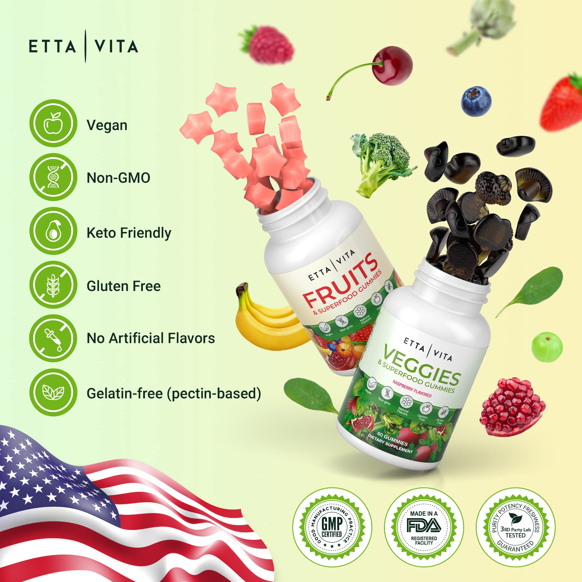 (120 Chews) Fruits and Veggies Supplement - Superfood Fruits and Veggies Gummies (9 Superfruits & 30 Veggies) Mushrooms, Fruit and Vegetable Vitamins, Non-GMO, Pectin-Based, Gluten-Free, No Capsules