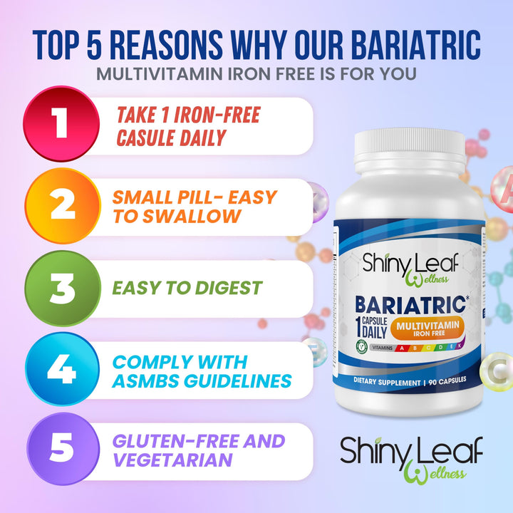 Shiny Leaf Bariatric Multivitamin Iron-Free Capsules for Post Bariatric Surgery Patients, Once Daily Bariatric Vitamins Without Iron for WLS, Sleeve, Gastric Bypass Surgery (3 Months / 90 Caps)