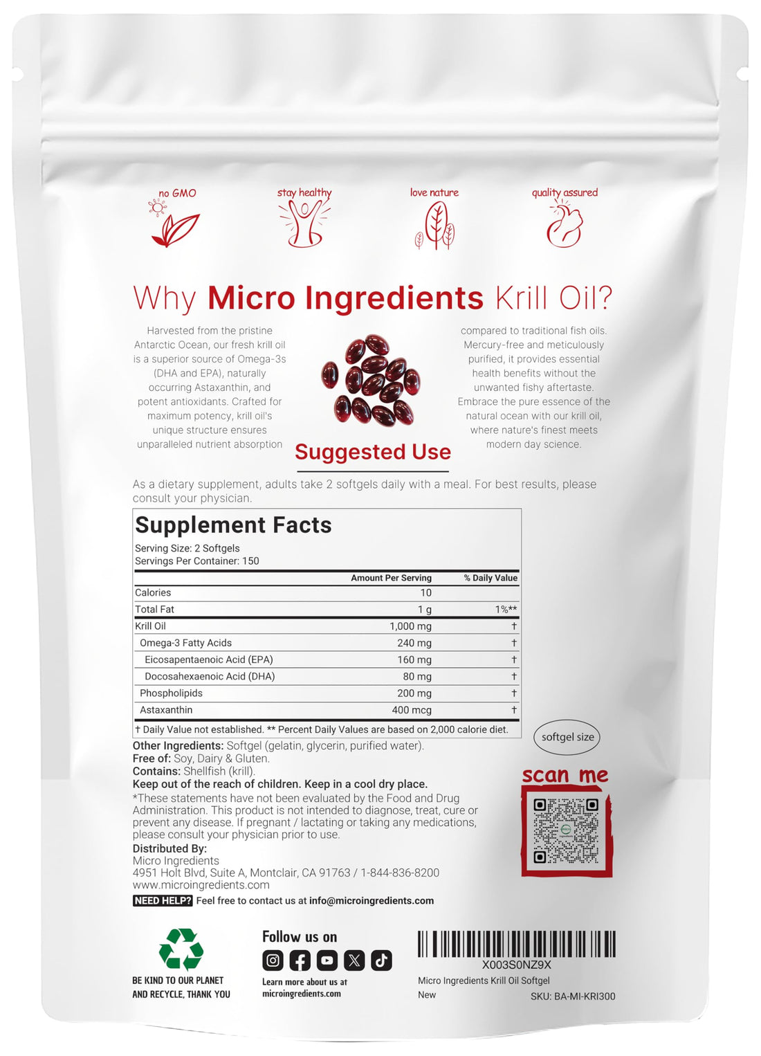 Micro Ingredients Antarctic Krill Oil Supplement, 1000mg Per Serving, 300 Soft-Gels, Rich in Omega-3s EPA, DHA & Natural Astaxanthin, Supports Immune System & Brain Health, Easy to Swallow