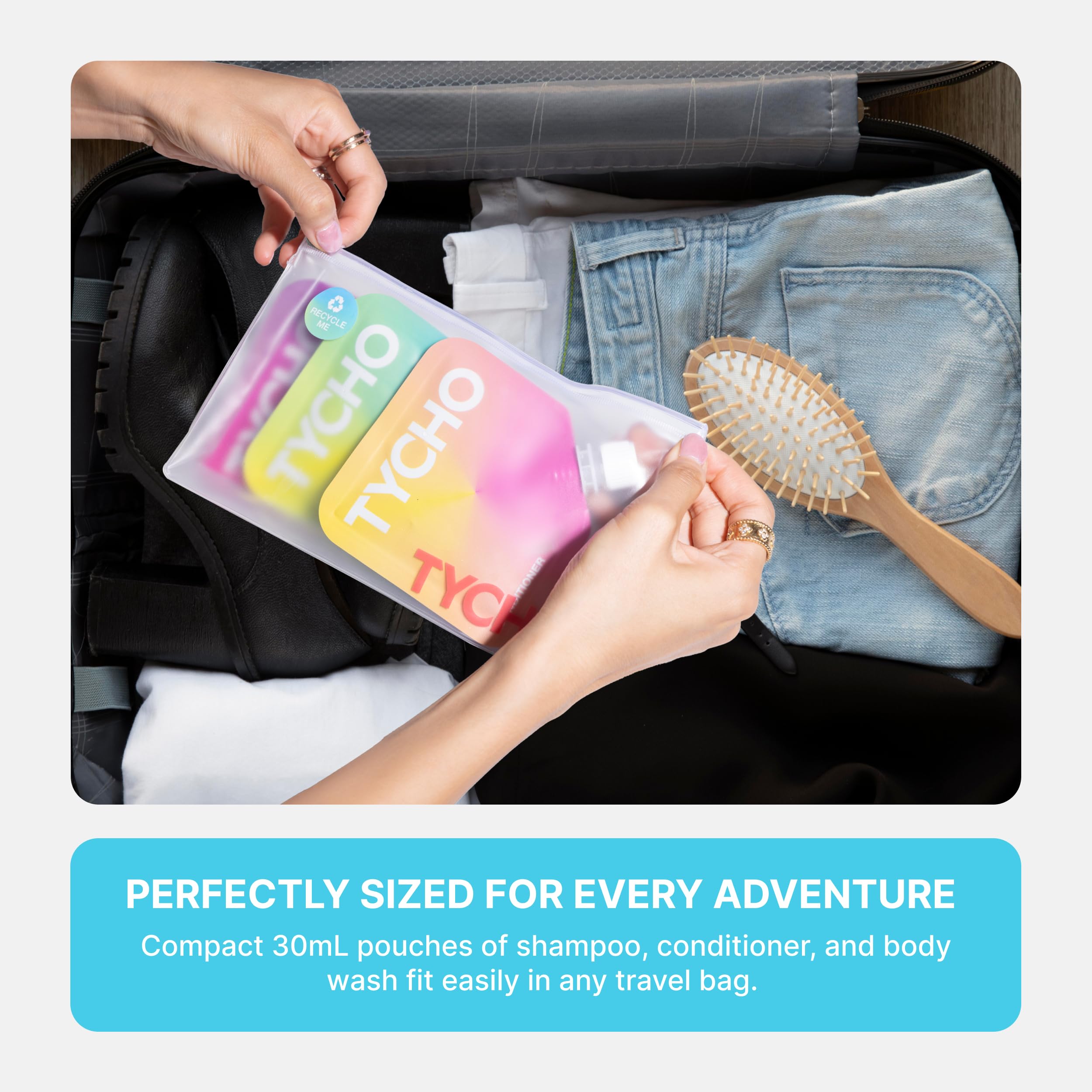 TYCHO Travel Size Shampoo and Conditioner Sets - Moisturizing Shampoo, Conditioner for Dry Hair & Body Wash for Sensitive Skin | Travel Bag, Paraben-Free, Vegan, & Cruelty-Free 30mL (1 fl oz)