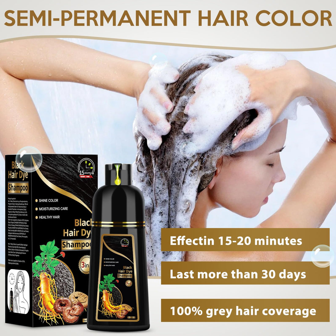 Temgofeau Hair Dye Shampoo for Gray Hair, 3 in 1 Herbal Dye for Women Men, Hair Color Shampoo 500ml (Black)