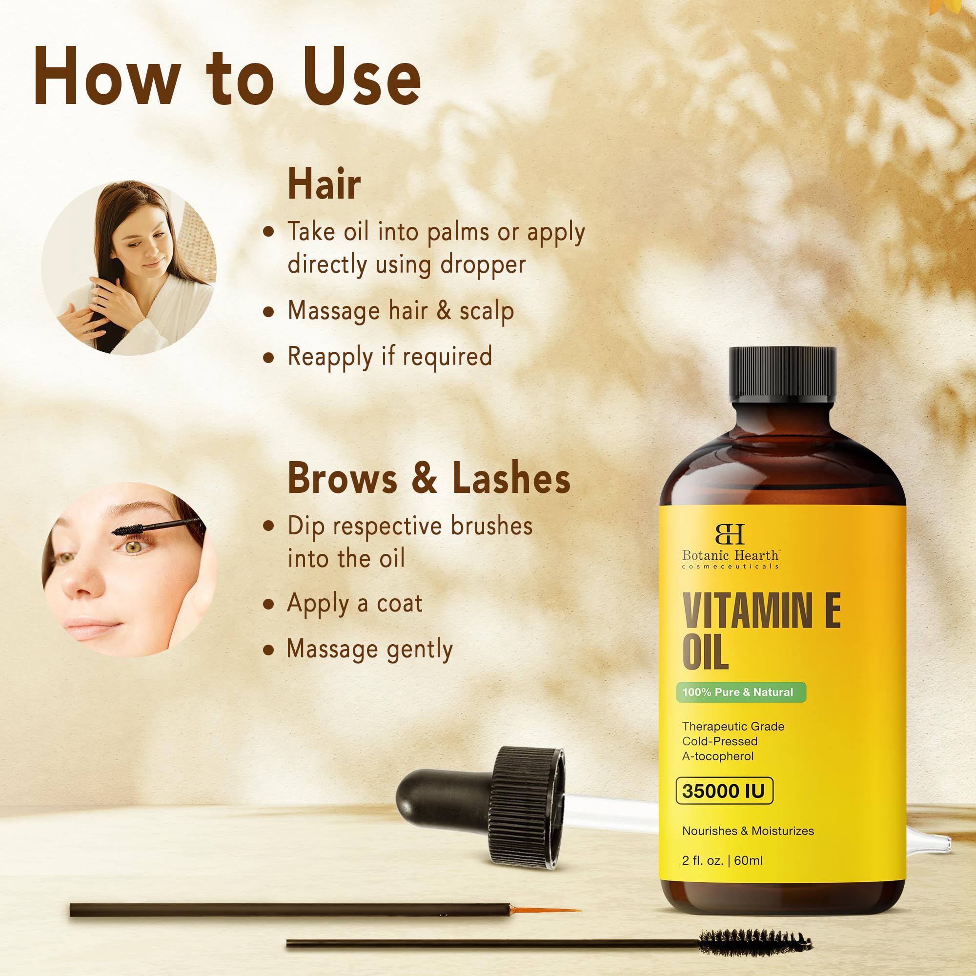 Botanic Hearth Vitamin E Oil | 100% Pure and Natural oil for Growth of Nails, Hair, Eyebrows & Eyelashes | 35,000 IU | Hair & Body Oil with Eyebrow & Eyelash Brush| 2 Fl Oz Set of 2