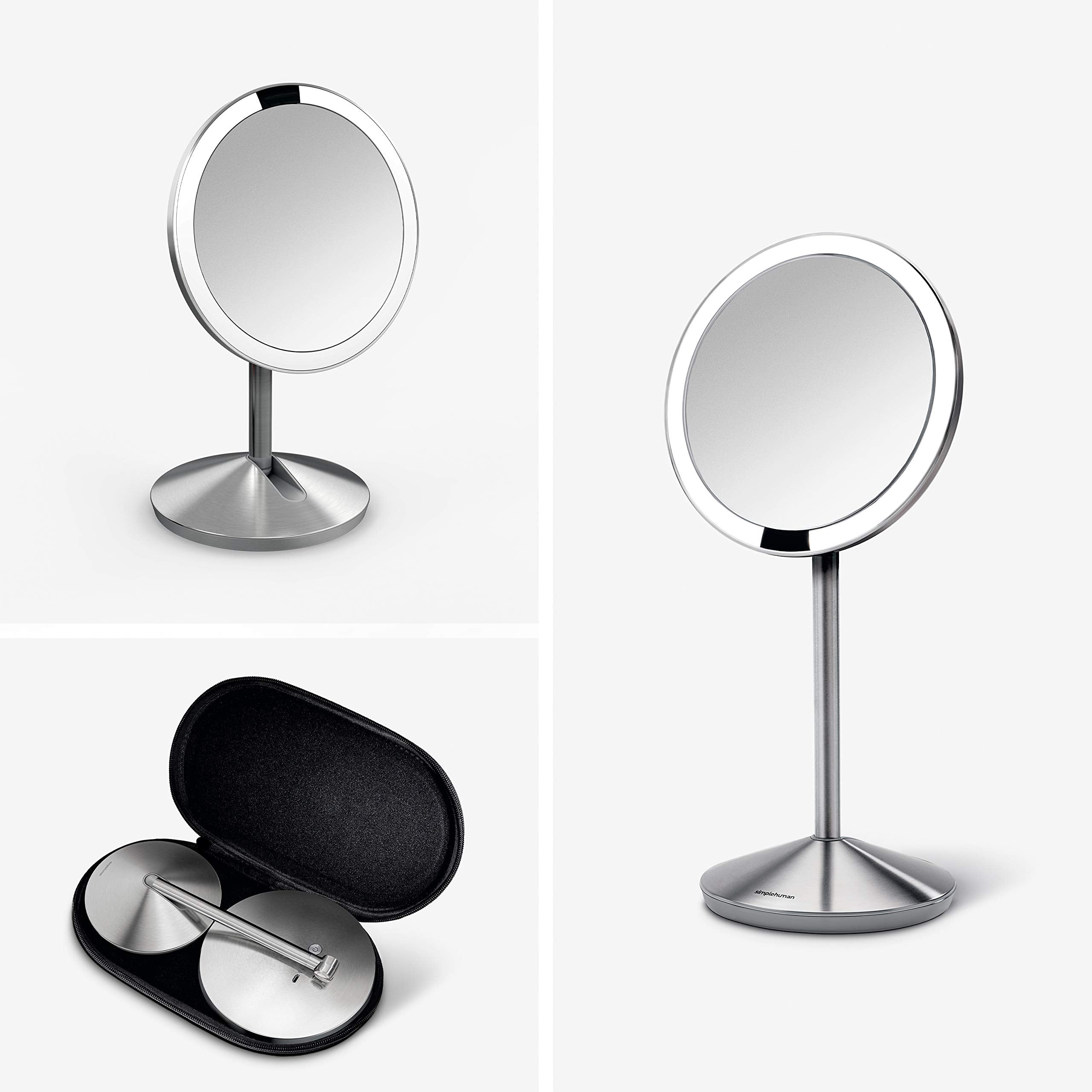 simplehuman Sensor Mirror, 5 Round Rechargeable Mini Travel Makeup Mirror, 10x Magnification, Brushed Stainless Steel