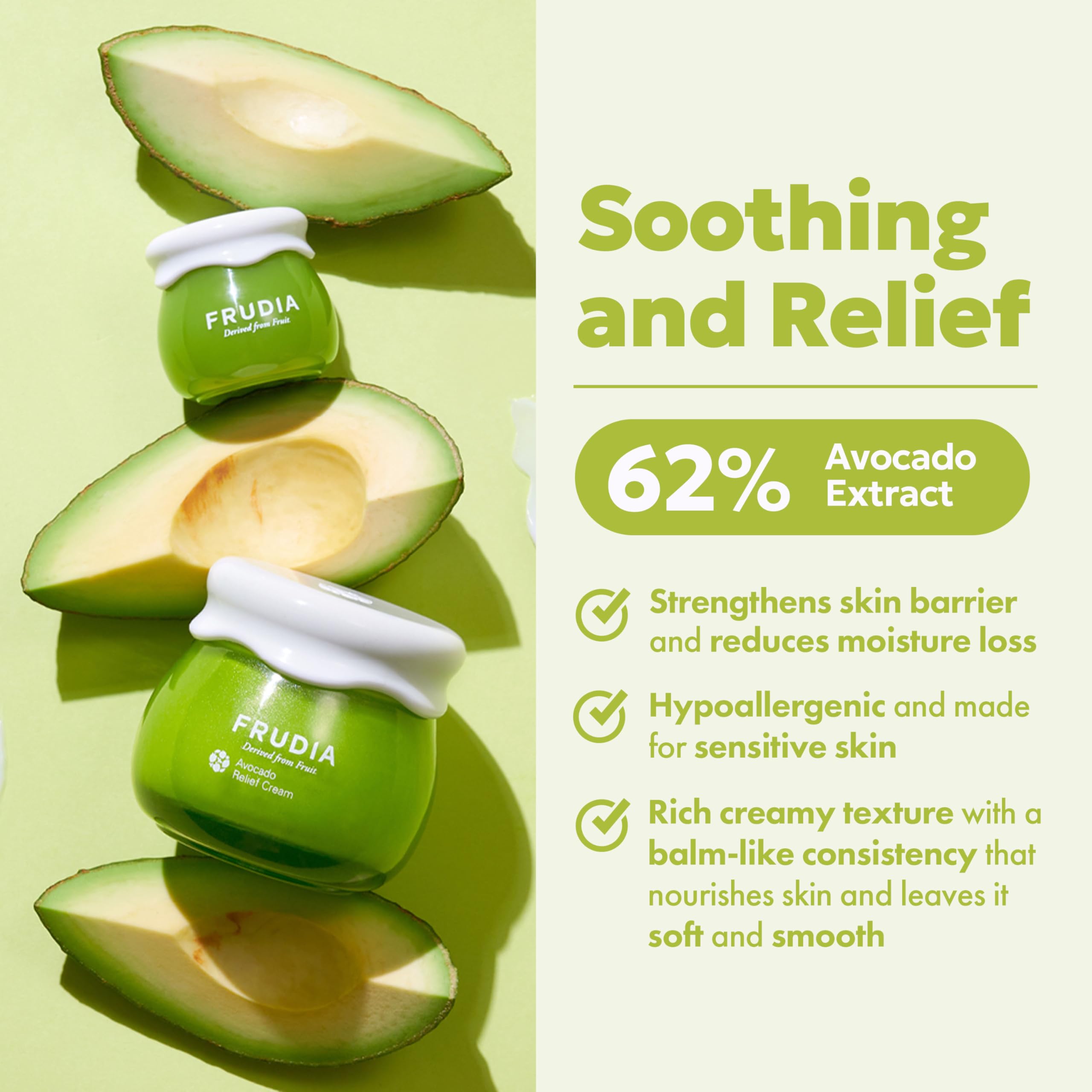 FRUDIA Avocado Relief Face Cream, Calming Korean Face Moisturizer w/62% Avocado Extract, Centella Asiatica & MadecassosideX4 for Dry, Sensitive Skin (1.94 fl oz)