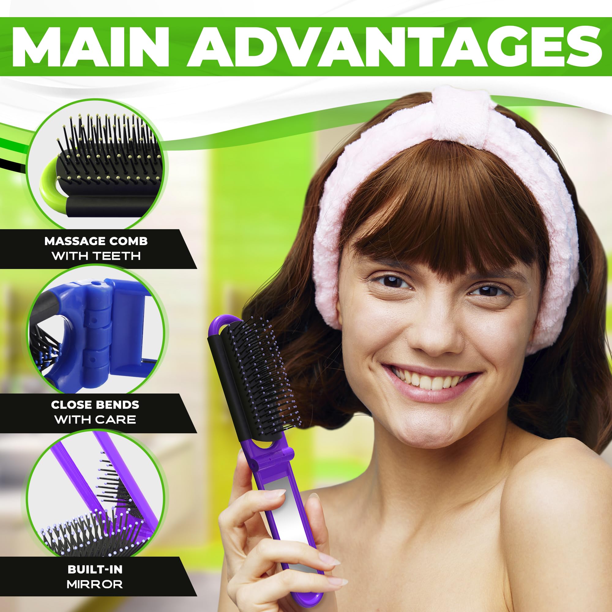 Pack of 4 Portable Folding Hair Brush with Mirror Compact Pocket Hair Compact Anti-static Hair Comb - Hair Styling Tools Pocket Size for Travel Car Gym Bag Purse-Black