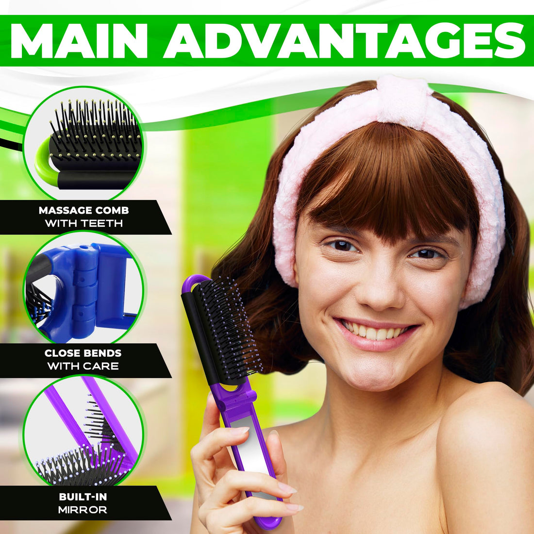 Pack of 4 Portable Folding Hair Brush with Mirror Compact Pocket Hair Compact Anti-static Hair Comb - Hair Styling Tools Pocket Size for Travel Car Gym Bag Purse-Black