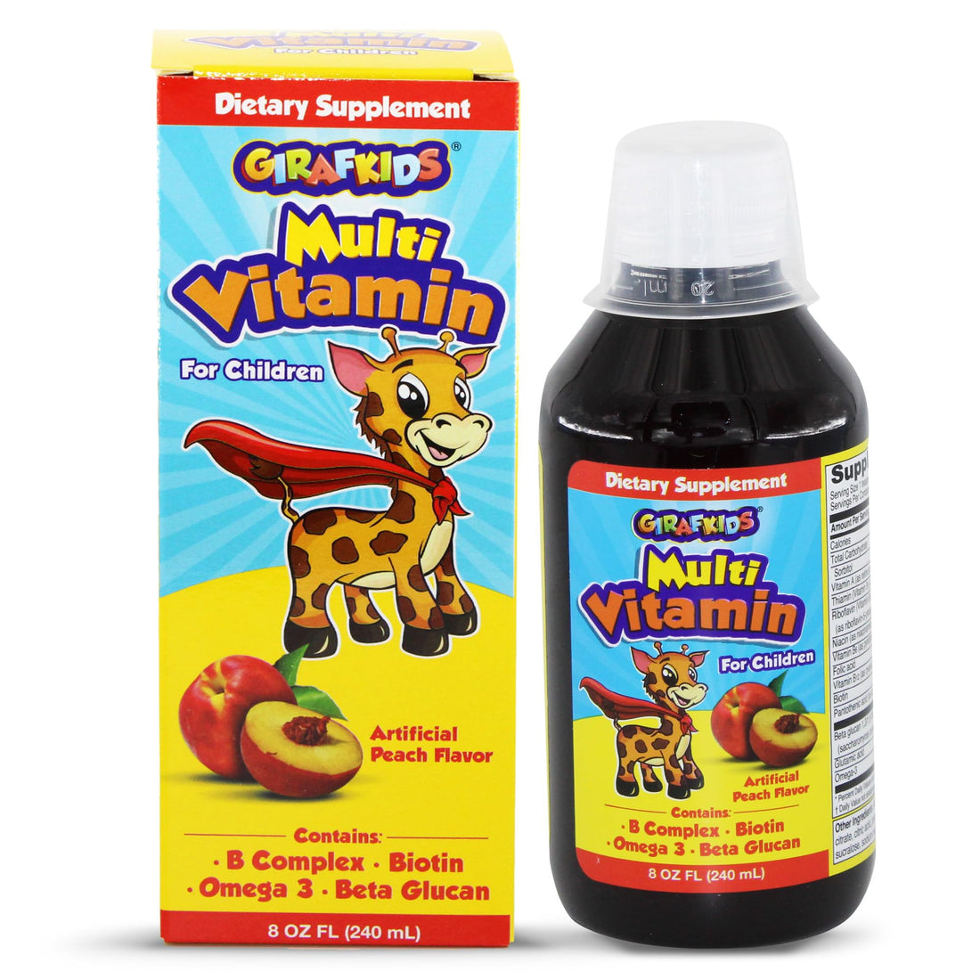 GirafKids Multivitamin Syrup for Children, 8oz | Daily Multivitamin for Kids Ages +4 with Omega-3, Beta Glucan & Folic Acid for Energy and Growth | Delicious Peach Flavor | Liquid Dietary Supplement