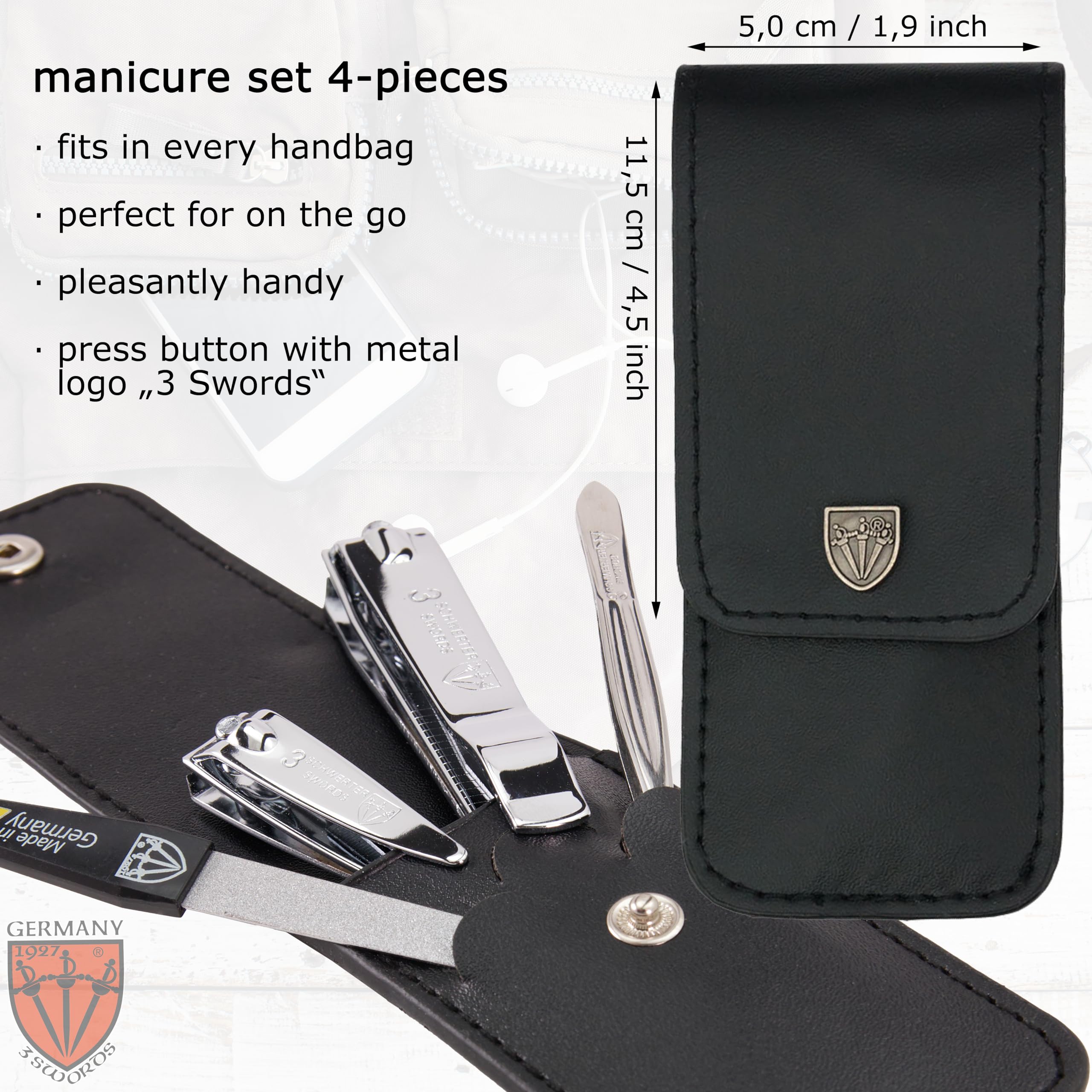 3 Swords Germany - Brand Quality 4 Piece Manicure Pedicure Grooming kit Set for Professional Finger & Toe Nail Care Tweezers File Clipper Fashion Leather case in Gift Box, Made by 3 Swords (77211)