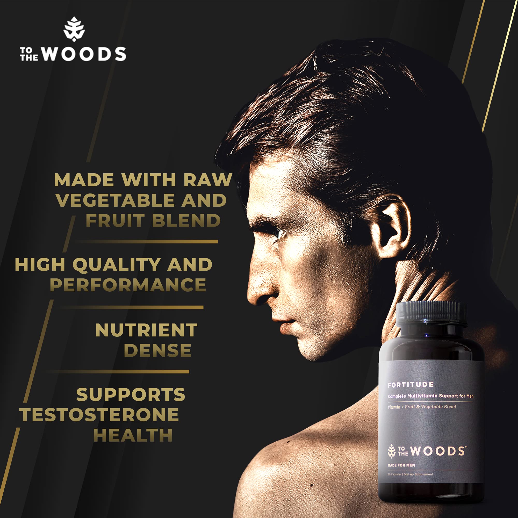 To The Woods Fortitude Complete Multivitamin Support for Men - 20 Organic Raw Fruits & Vegetables, 24 Essential Vitamins & Minerals - Immune Health, Energy Booster (1 Bottle, 30 Capsules)