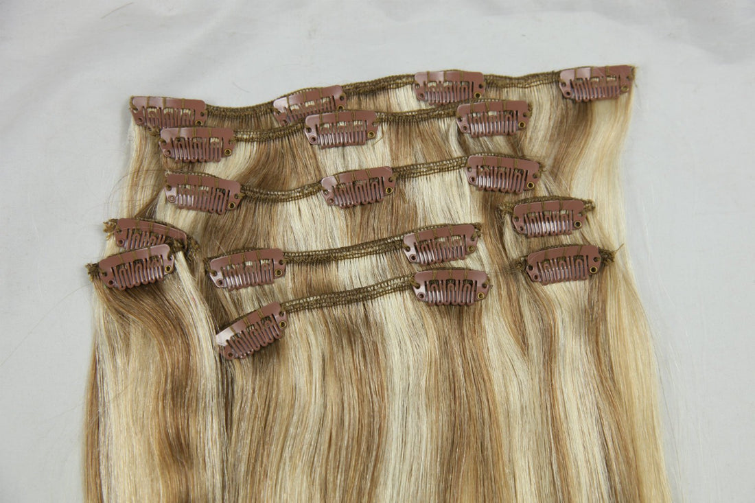 Tressmatch® 20-22 Remy (Remi) Human Hair Clip in Extensions Brown Blonde Highlights (Color #12/613) 9 Pieces(pcs) Full Head [Set Weight:4.4s/125grams