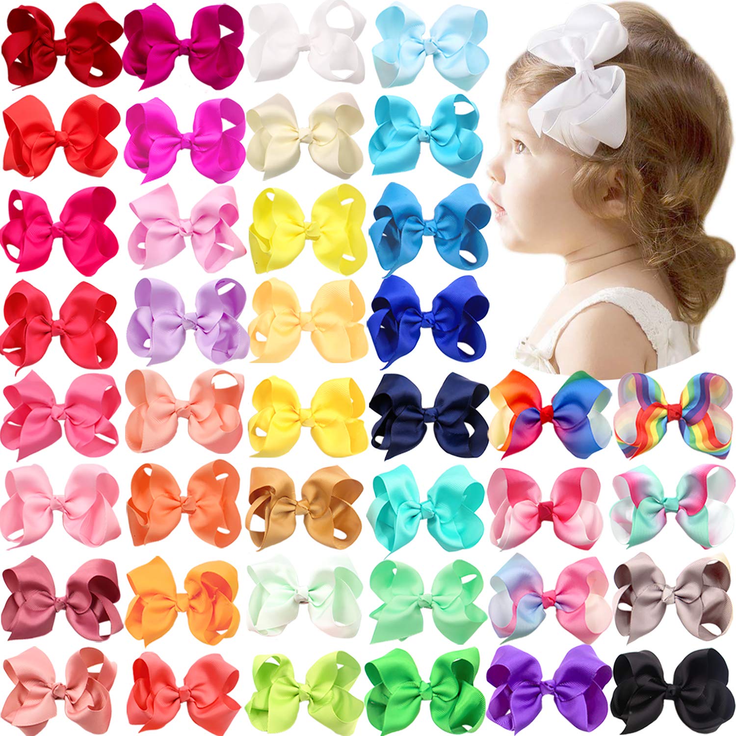 CÉLLOT 40 Pieces 4.5 Inch Hair Bows for Girls Clips Grosgrain Ribbon Boutique Hair Bow Alligator Clips For Girls Teens Toddlers Kids