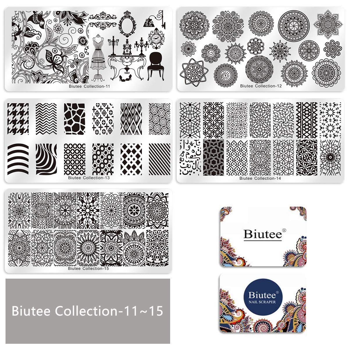 A : Biutee 19pcs Nail Stamp Plates set 15 plate 1Stamper 2Scraper 1storage bag Nails Art Stamping Plate Scraper Stamper Set Leaves Flowers Animal Nail plate Template Image Plate