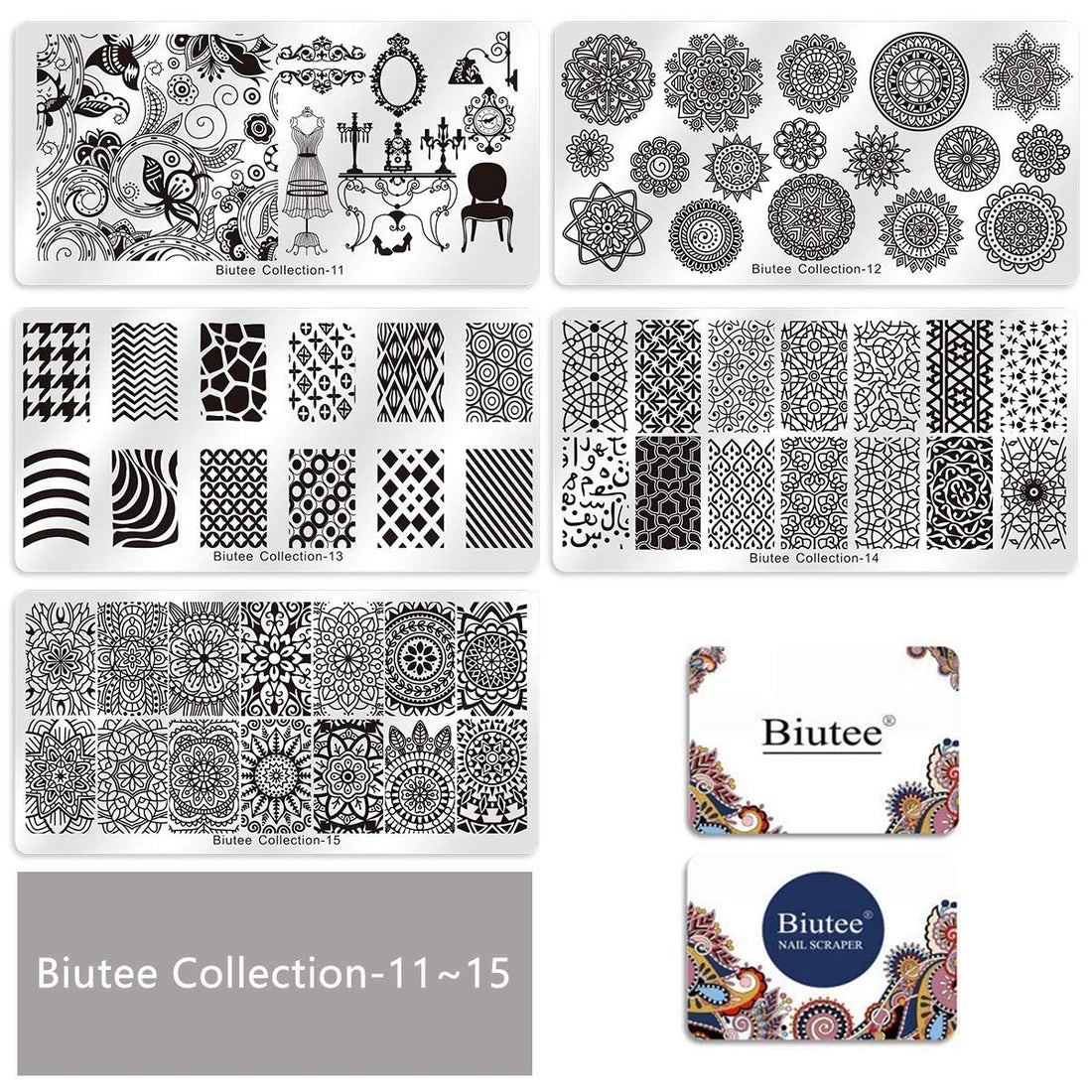 A : Biutee 19pcs Nail Stamp Plates set 15 plate 1Stamper 2Scraper 1storage bag Nails Art Stamping Plate Scraper Stamper Set Leaves Flowers Animal Nail plate Template Image Plate