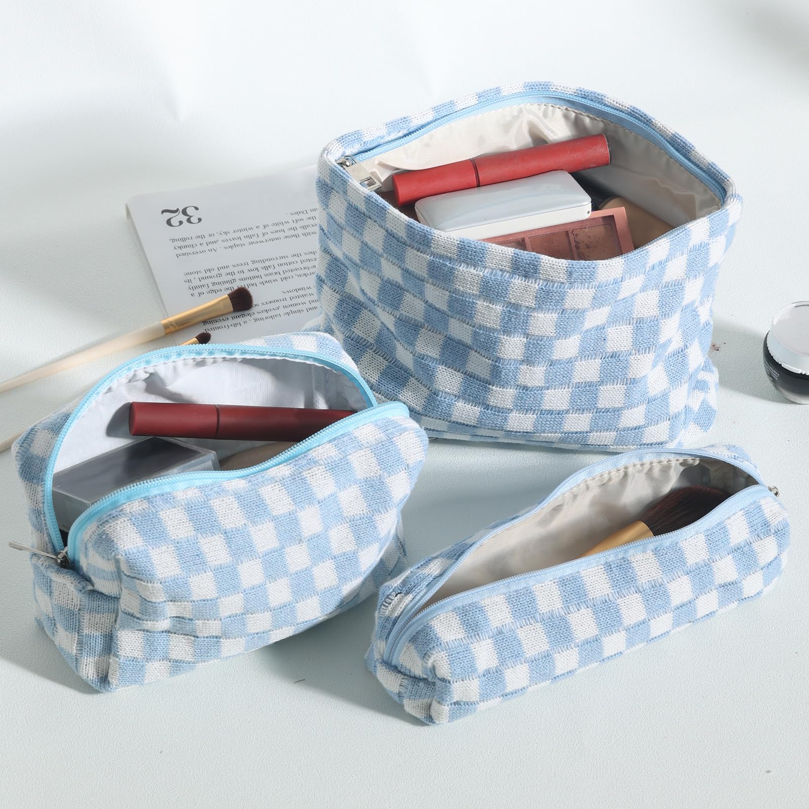 LYDZTION Large Capacity Makeup Bag Set - 3 Pieces Checkered Cosmetic Bag for Women Travel Makeup Bag Organizer Cute Makeup Brushes Storage Bag Travel Toiletry Bag Storage Bag for Women,Blue