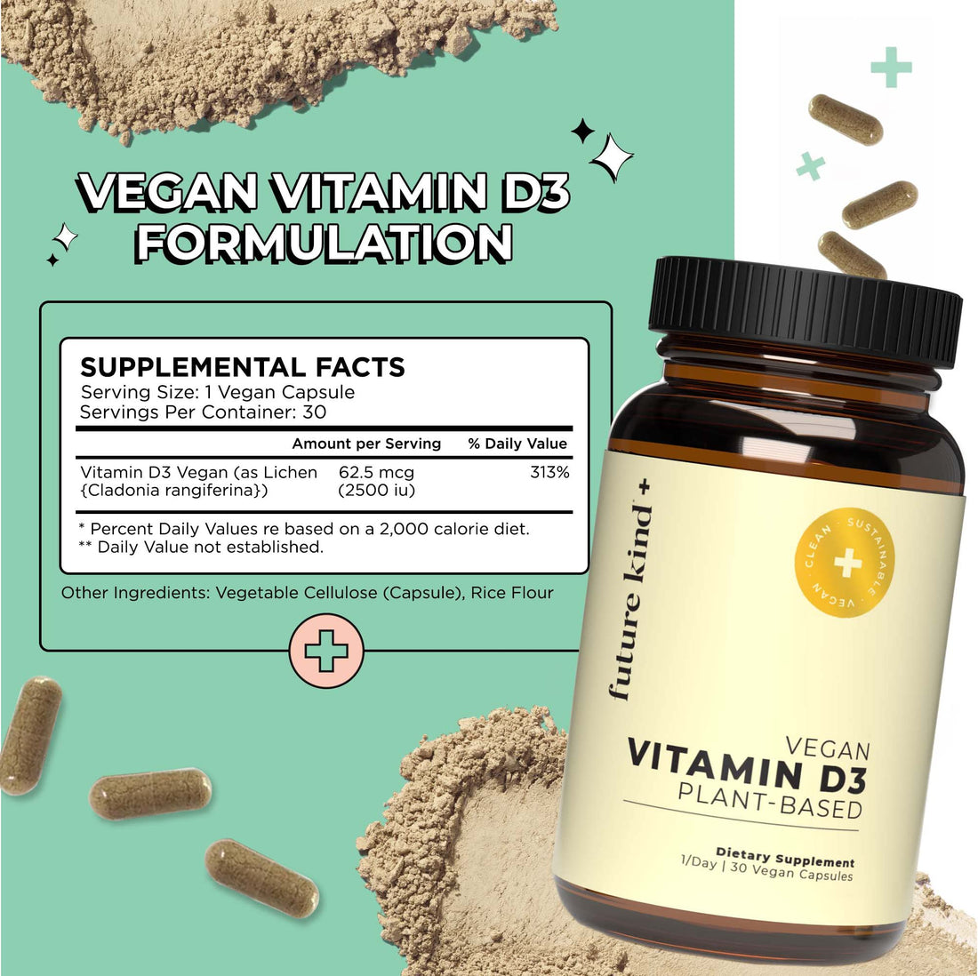 Future Kind Vegan Vitamin D3-2500 IU Plant-Based Supplement for Cell & Immune Support - Sugar-Free, Lichen-Based Vitamin D (30 Softgels in Glass Bottle)