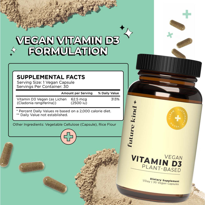 Future Kind Vegan Vitamin D3-2500 IU Plant-Based Supplement for Cell & Immune Support - Sugar-Free, Lichen-Based Vitamin D (30 Softgels in Glass Bottle)