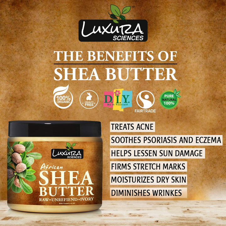 Luxura Sciences African Shea Butter | 100% Pure & Unrefined Raw Shea Butter for Skin & Hair | Deep Moisturizer for Face, Body & Scalp | Ideal for DIY Lotion, Soap Making & Lip Balm | 7.05 Oz (200g)