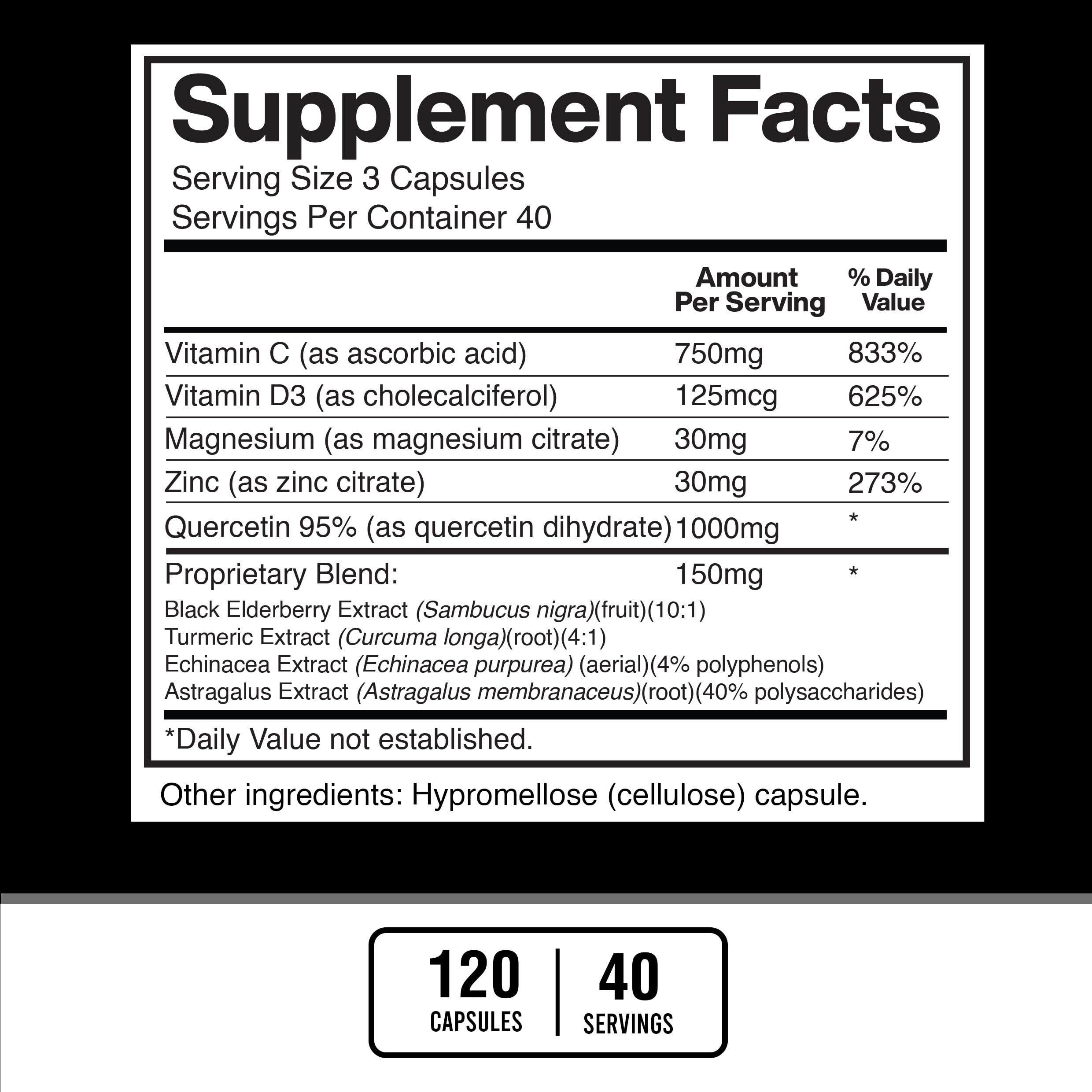 American Standard Supplements Quercetin 1000mg Per Serving with Zinc, Vitamin C, Vitamin D3, Magnesium, Elderberry, Echinacea, Turmeric, Astragalus - Gluten Free, Non-GMO, 120 Capsules, 40 Servings