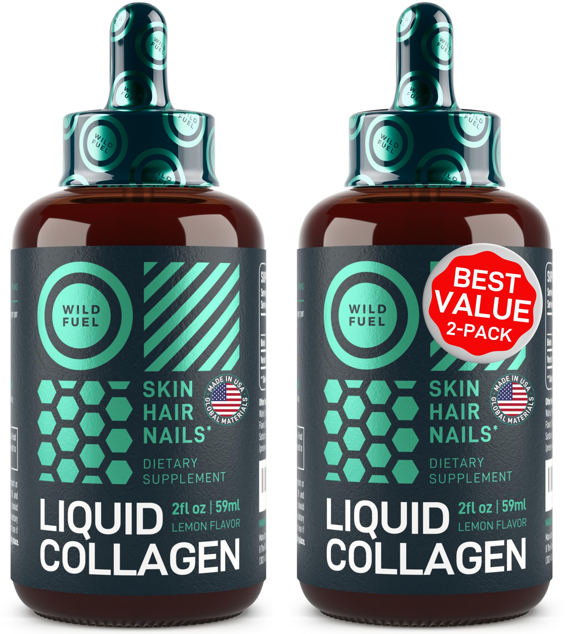 WILD FUEL Liquid Collagen Peptides with Biotin Drops - Youthful Skin, Hair Growth, Strong Nails - 10,000mcg Collagen Liquid for Women and Men, 5,000 mcg Biotin - Lemon Flavor - 2x2oz