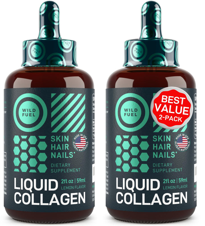 WILD FUEL Liquid Collagen Peptides with Biotin Drops - Youthful Skin, Hair Growth, Strong Nails - 10,000mcg Collagen Liquid for Women and Men, 5,000 mcg Biotin - Lemon Flavor - 2x2oz