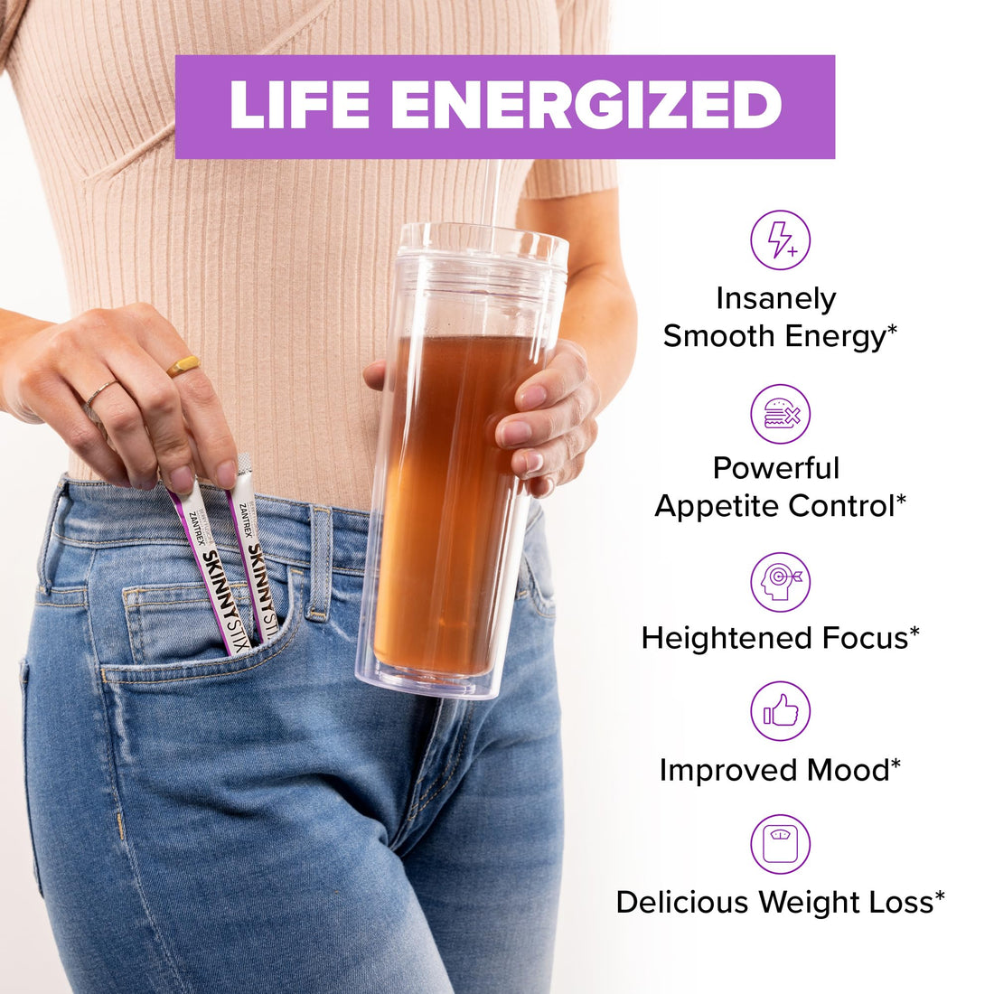 Zantrex SkinnyStix Energy Powder – Lose Weight, GLP-1, Appetite Suppressant, Boost Mood – 10 Calories – Yerba Mate, Coffee Bean – 30 Stix, Berry