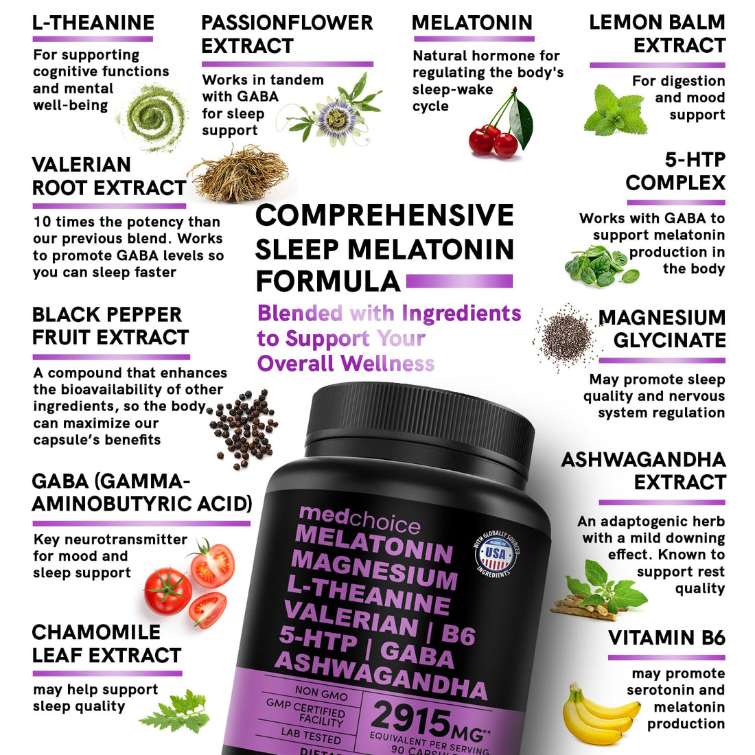 12-in-1 Melatonin Sleep Capsules - Natural Sleep Aids for Adults with Melatonin 5mg and Magnesium Glycinate 500mg, Sleep Aid with Ashwagandha, L Theanine, Valerian Root, GABA, 5-HTP (90ct, Pack of 1)