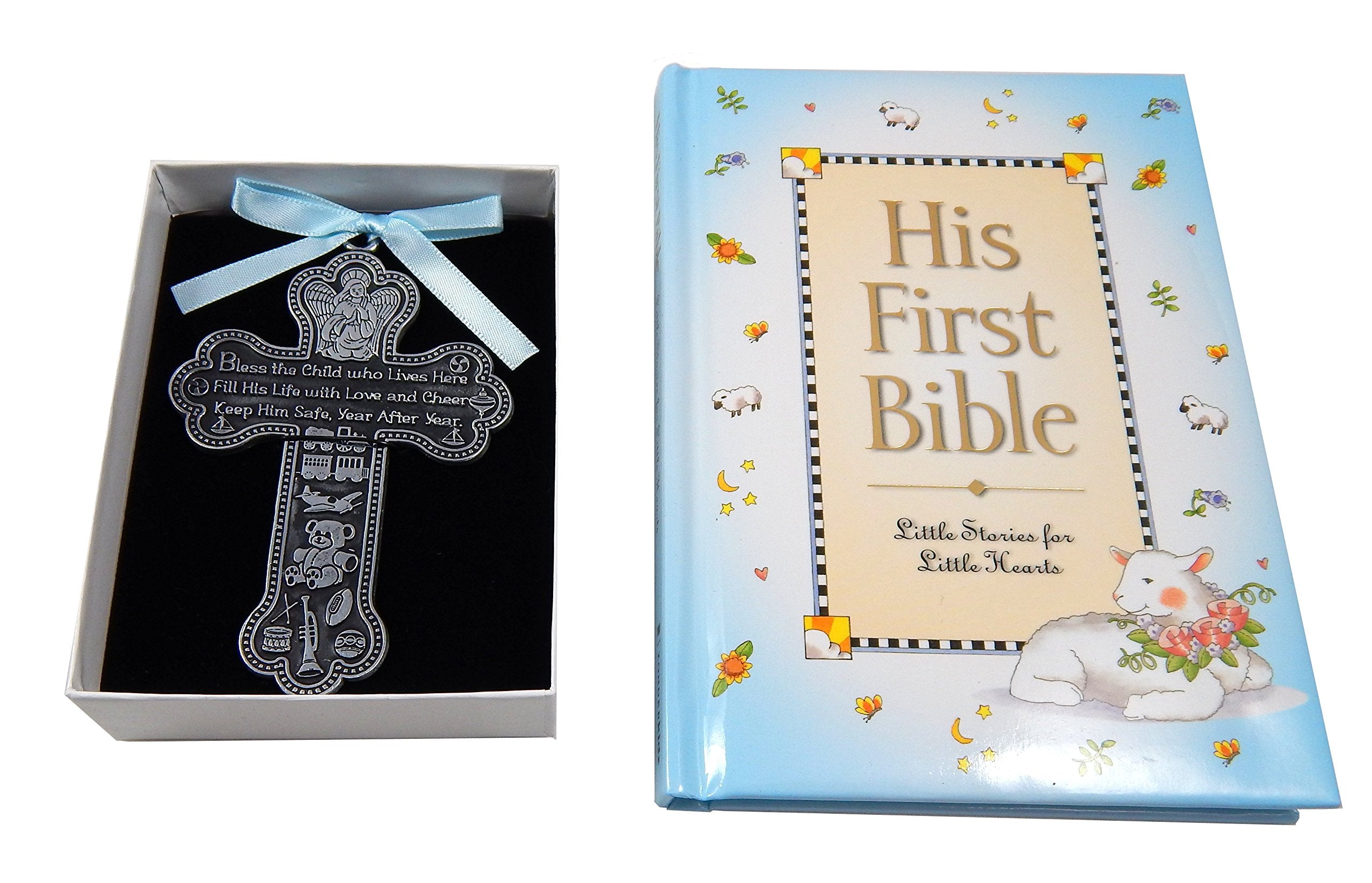 Baby Boy First Bible and 4 Pewter Baptism Guardian Angel Crib Cross (Original Version)-L8