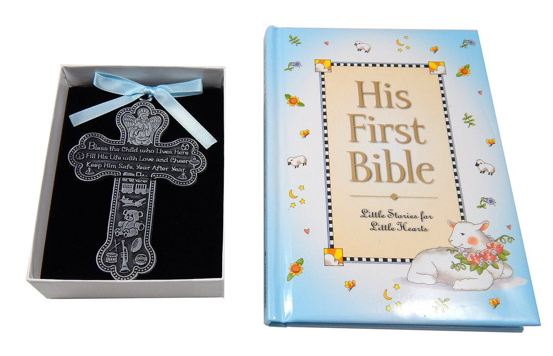 Baby Boy First Bible and 4 Pewter Baptism Guardian Angel Crib Cross (Original Version)-L8