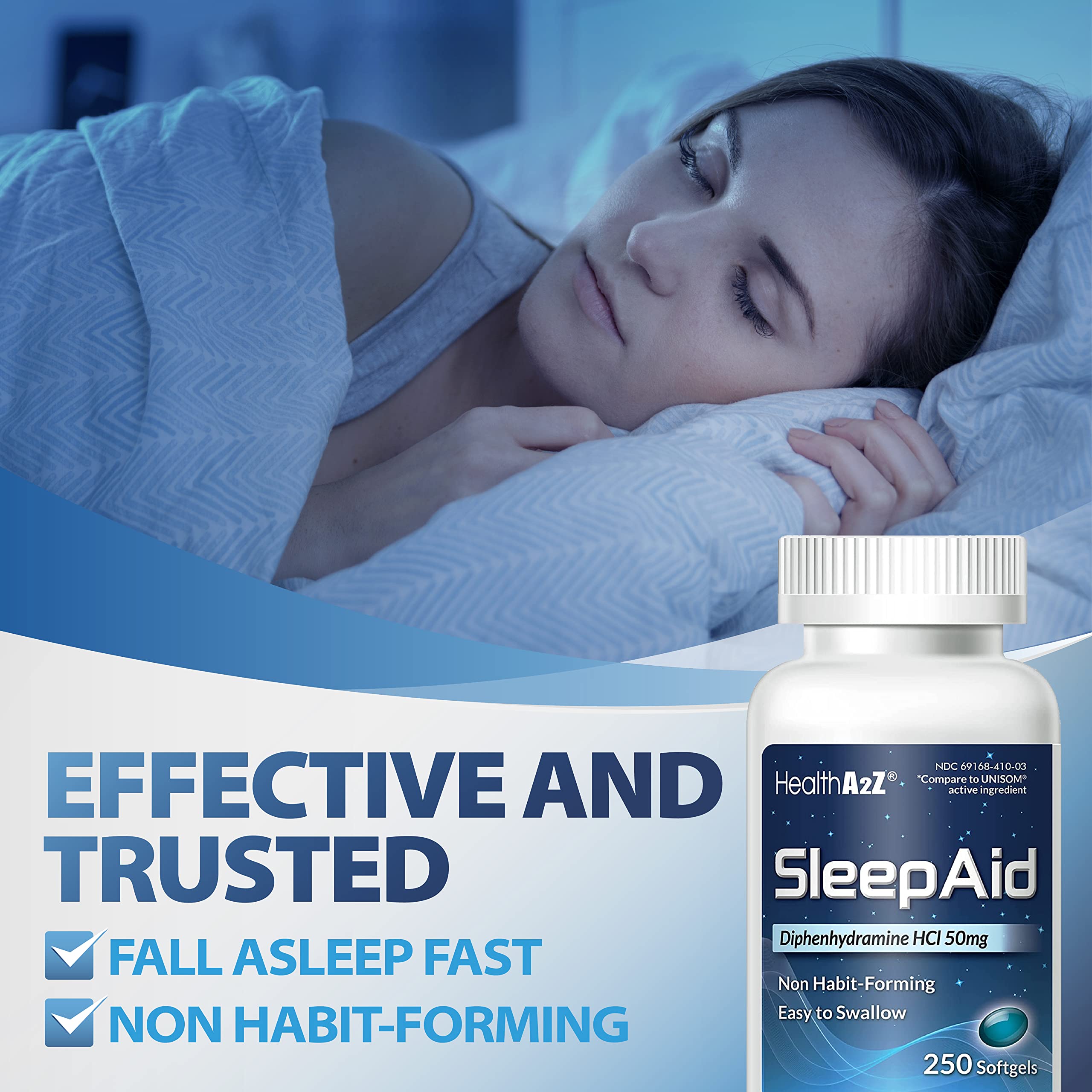HealthA2Z Sleep Aid, Diphenhydramine Softgels, 50mg, Supports Deeper, Restful Sleeping, Non Habit-Forming (250 Counts)