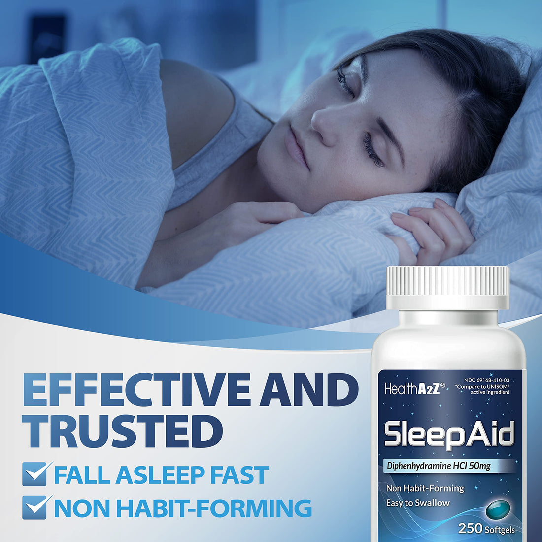 HealthA2Z Sleep Aid, Diphenhydramine Softgels, 50mg, Supports Deeper, Restful Sleeping, Non Habit-Forming (250 Counts)