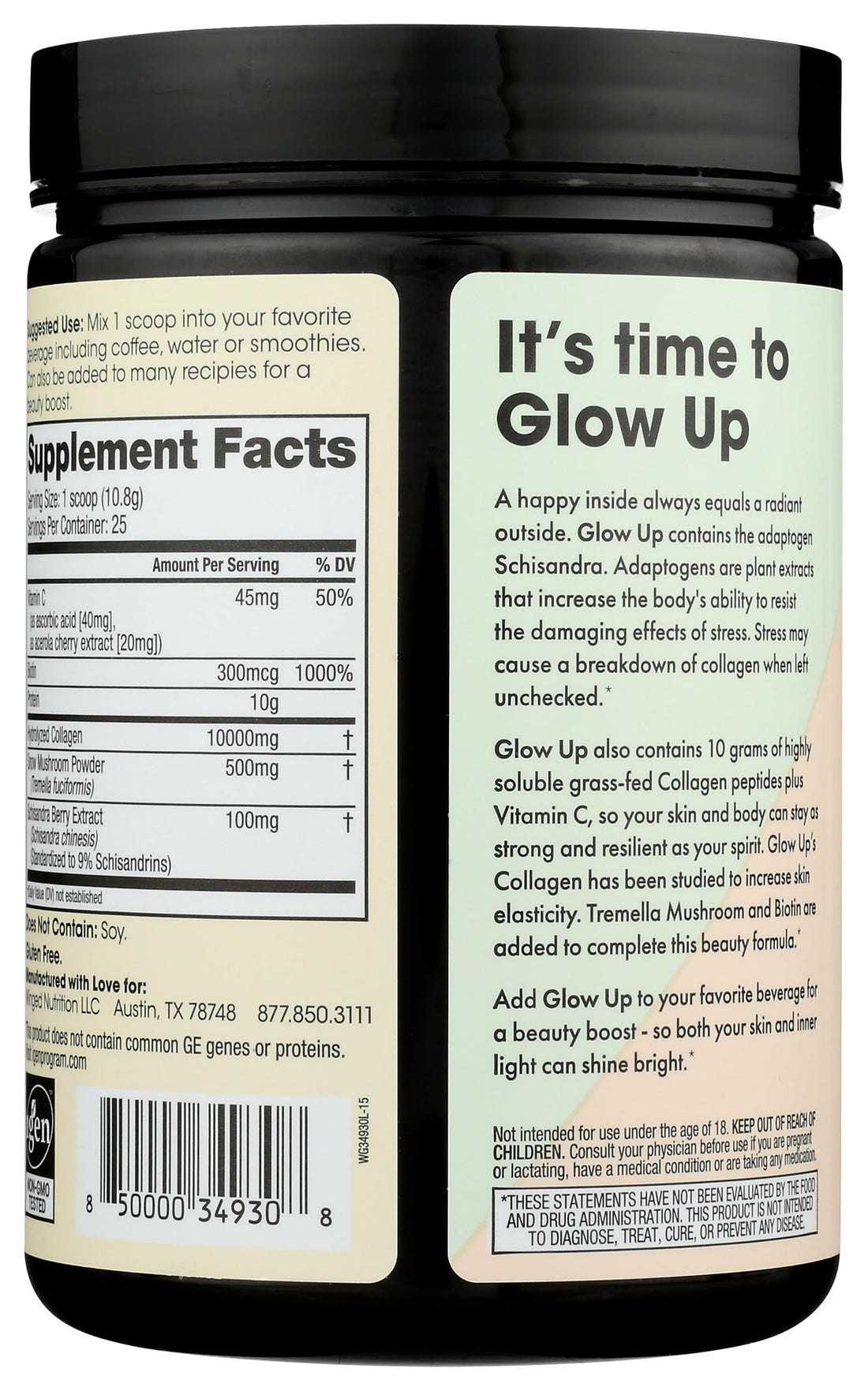 Winged Wellness Glow Up, Collagen Powder for Women - Hair, Skin & Nails Beauty Supplement with Grass-Fed Hydrolyzed Collagen Peptides Adaptogens, Vitamin C & Biotin - 25 Servings, Unflavored