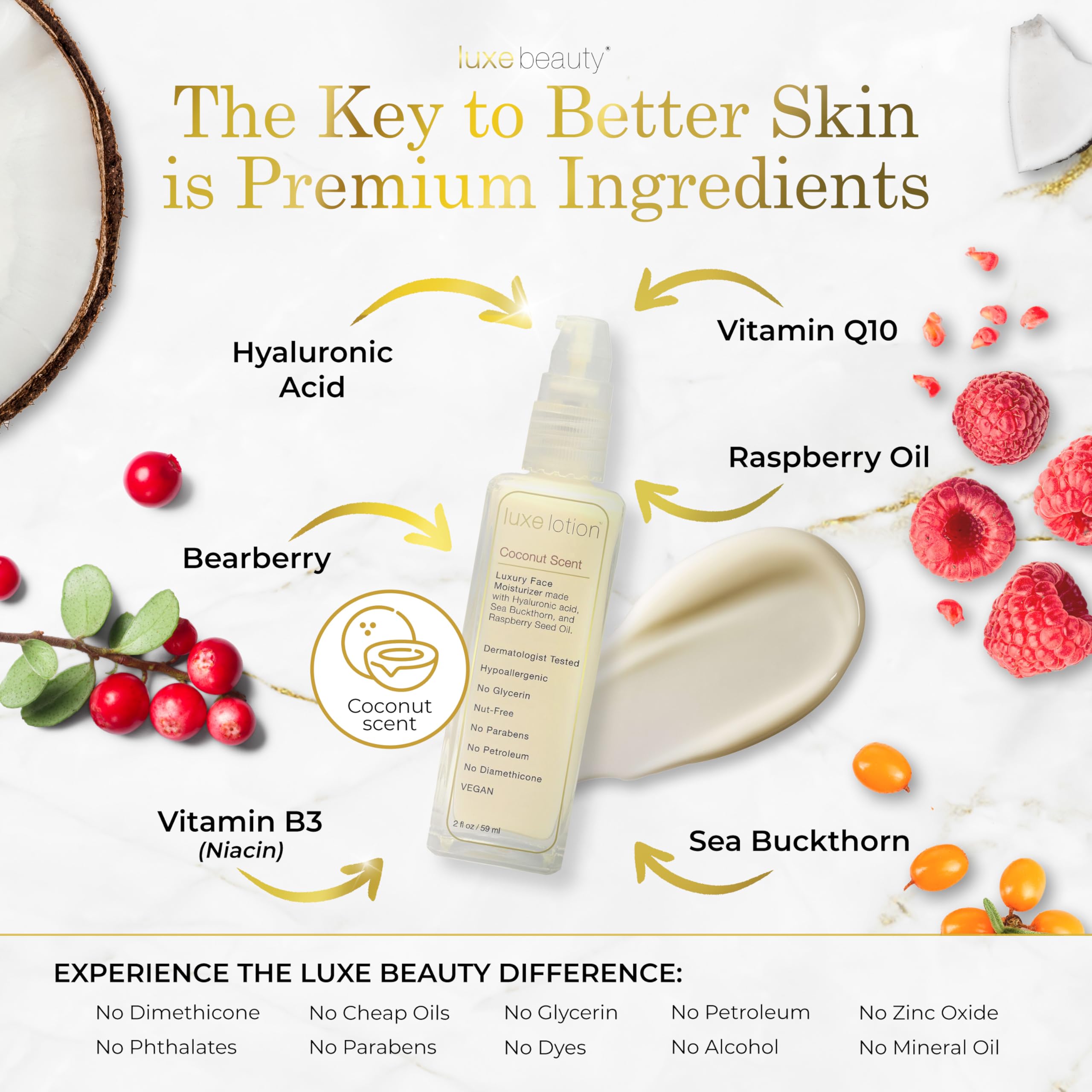 LUXE LOTION 2 oz -Luxe Beauty- Hyaluronic Acid Luxurious Moisturizer Vegan/Organic Ingredients - No Glyerin. No Alcohol. No Parabens. No Mineral Oil. No Diamethacone. Gluten, Soy, Nut & Paraben Free