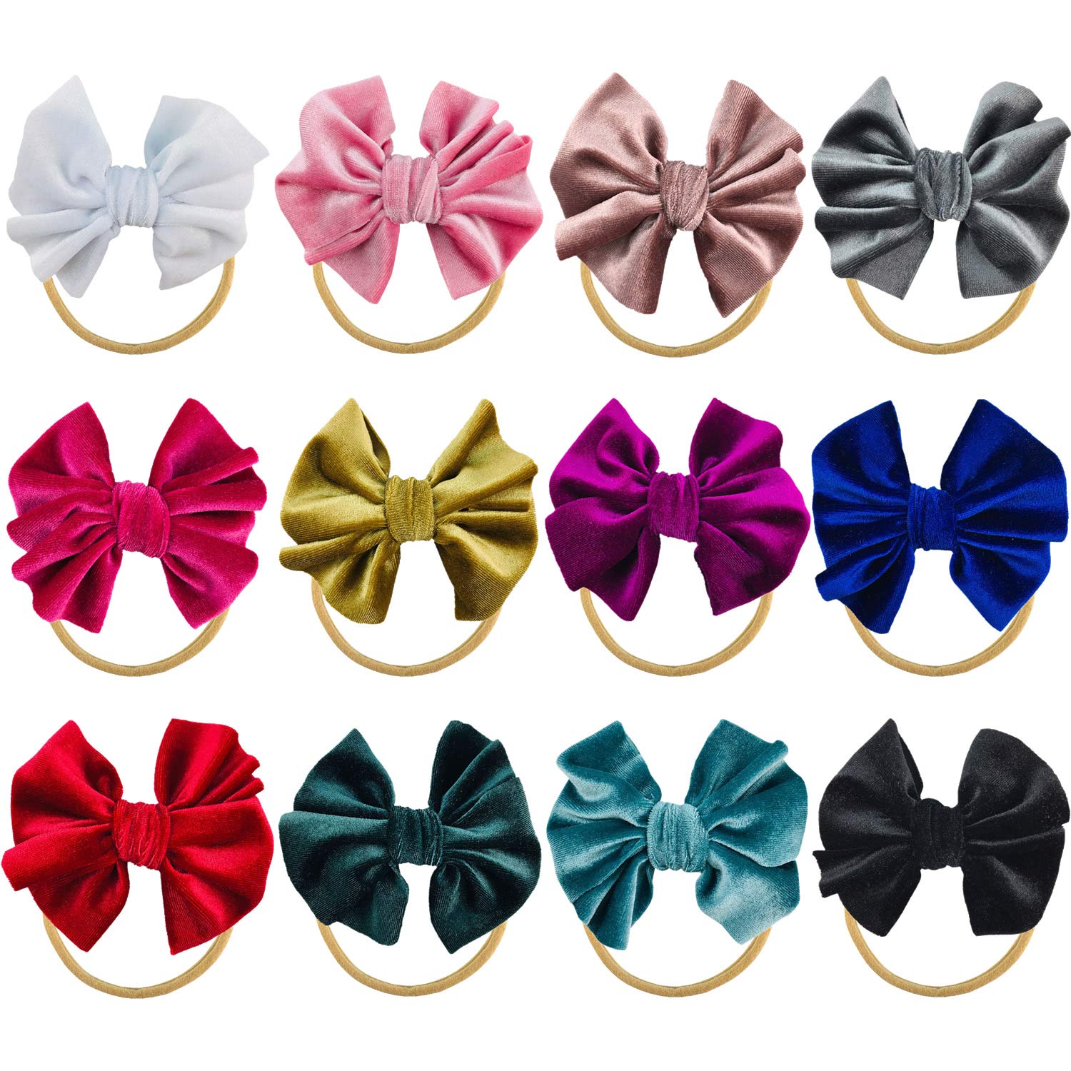 12 Pack Knot Velvet Bowknot Hair Bows Slim Skinny Thin Elastic Stretchy Super Soft Nude Nylon Headband Hairband Head Wraps Holder Accessories for Kids Toddler Infant Newborn Baby Girl Bulk