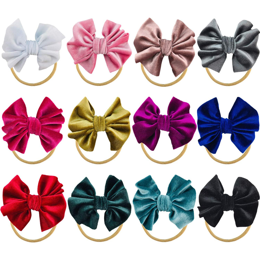 12 Pack Knot Velvet Bowknot Hair Bows Slim Skinny Thin Elastic Stretchy Super Soft Nude Nylon Headband Hairband Head Wraps Holder Accessories for Kids Toddler Infant Newborn Baby Girl Bulk