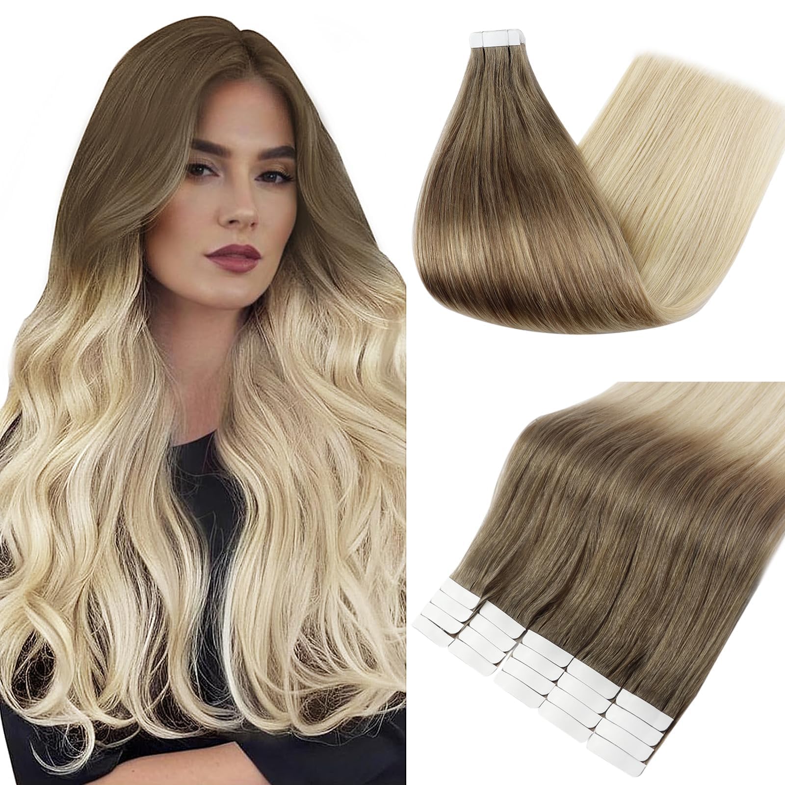 Full Shine 16 Balayage Tape in Extensions Glue in Hair Extensions Human Hair Ombre Color #8 Ash Brown Fading to Blonde #60 and #18 20Pcs 50 Gram