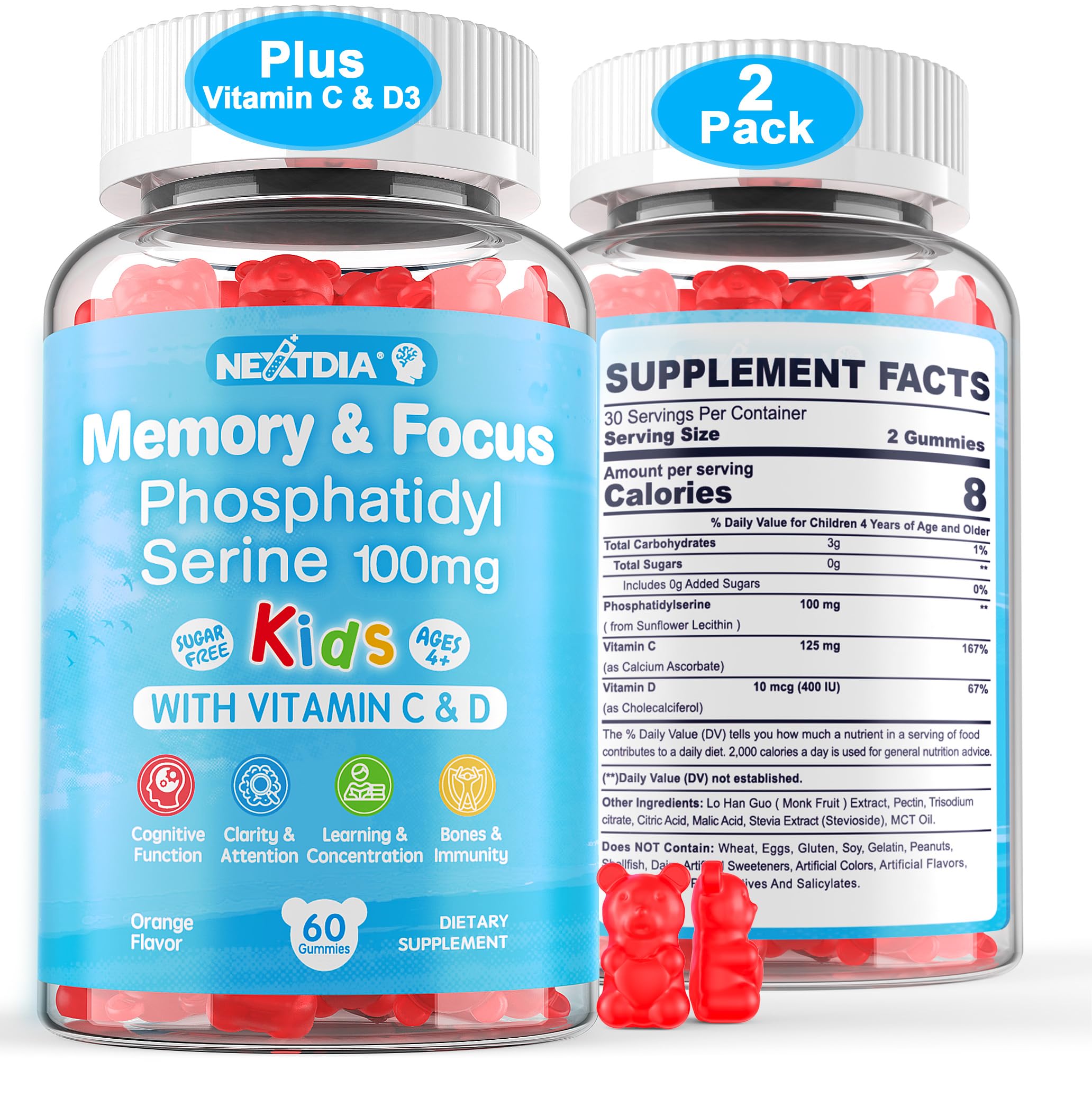 Phosphatidylserine Supplement 100mg, Focus Gummies for Kids Teens + Vitamin C & D3 400IU, Sugar Free Kids Brain Gummies Increase Attention & Concentration, Chewable, Vegan, Gluten Free, Non-GMO 2 Pack
