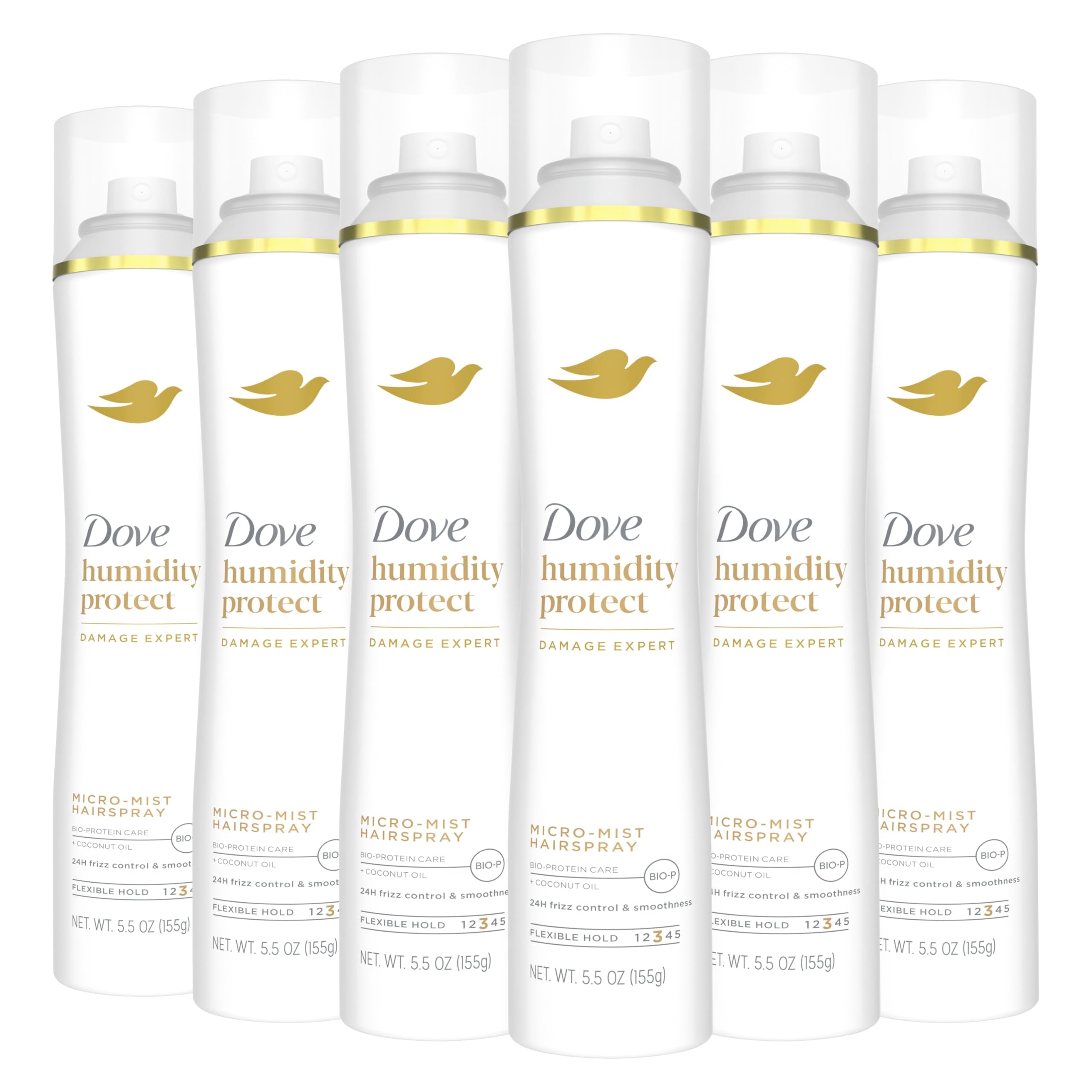 Dove Flexible Hold Hairspray Humidity Protect Micro-Mist Pack of 6 for Long-lasting Hold, All-day Flexible Hold for 24H Frizz Control 5.5 oz