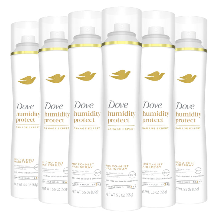 Dove Flexible Hold Hairspray Humidity Protect Micro-Mist Pack of 6 for Long-lasting Hold, All-day Flexible Hold for 24H Frizz Control 5.5 oz