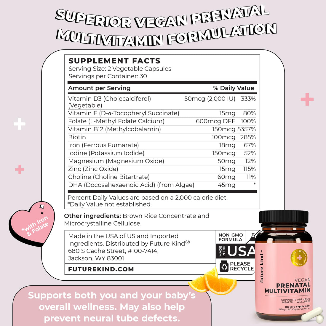 Future Kind Vegan Prenatal Vitamin with DHA & L-Methylfolate in Glass Bottle - Prenatal Folate Supplement for Women with Vitamin D & E, Iron & Biotin - Gluten-Free, Non-GMO (60ct)