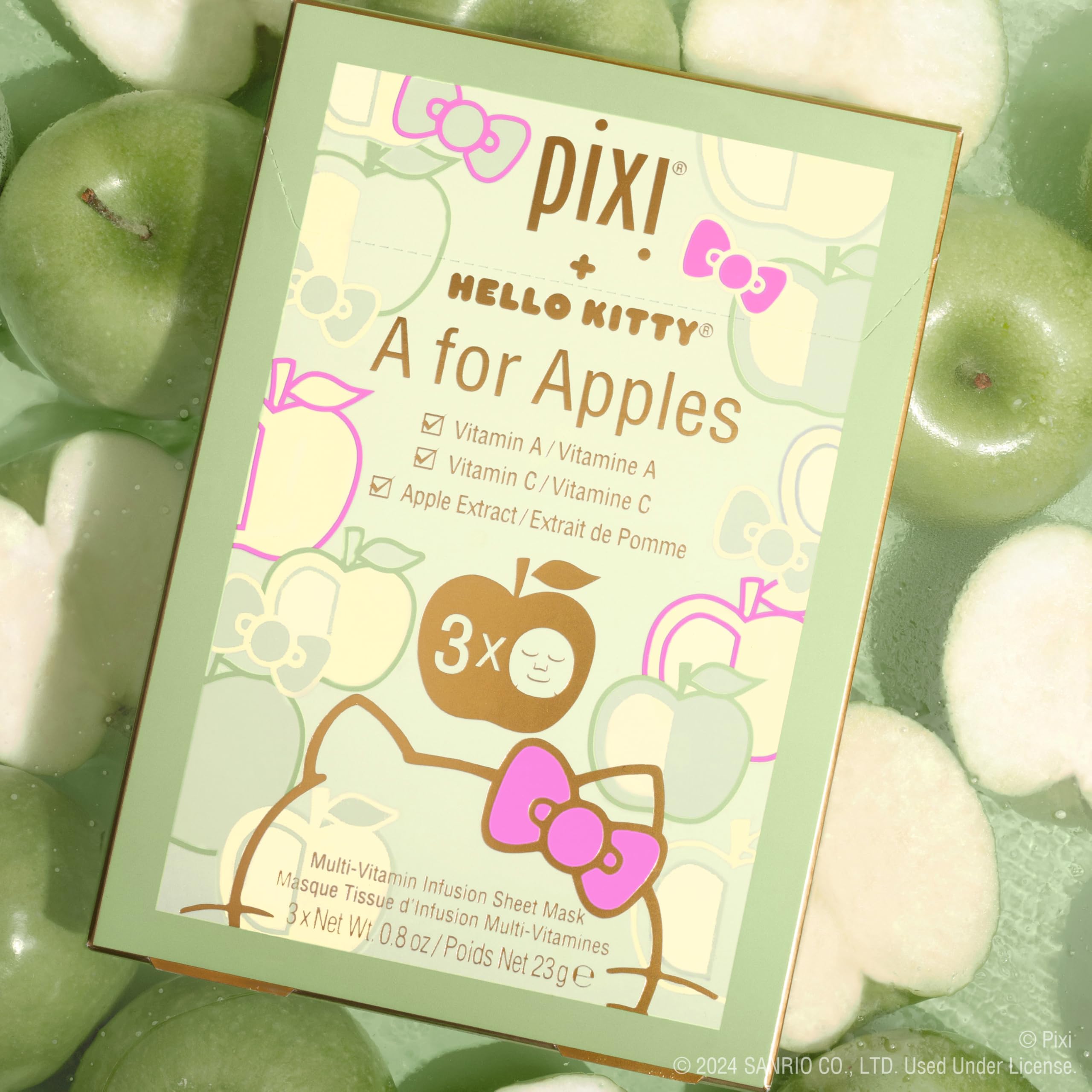 Pixi + Hello Kitty A for Apples Sheet Mask, Instantly Hydrating & Brightening Facial Mask, Infused with Vitamin A, Vitamin C, and Apple Extract, 3 Masks Per Box 3 x 0.8 oz / 23 gm