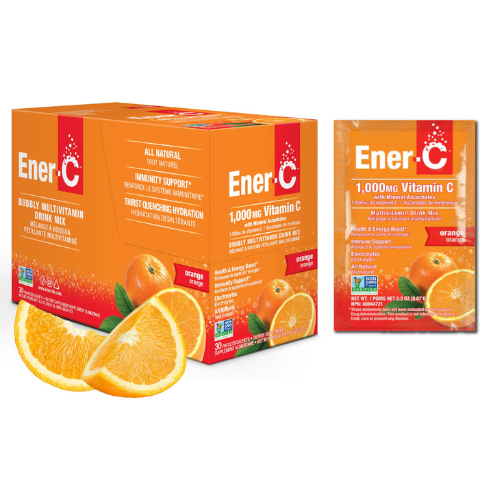 Ener-C Orange Multivitamin Drink Mix Powder Vitamin C 1000mg & Electrolytes with Real Fruit Juice Natural Energy & Immune Support for Women & Men - Non-GMO Vegan & Gluten Free - 30 Count