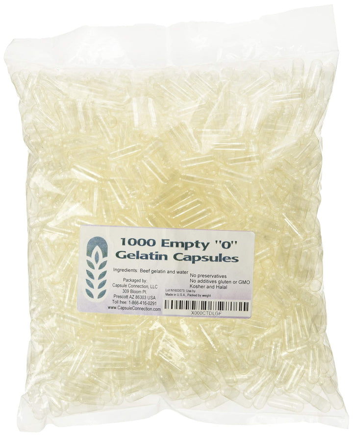 Capsule Connection 1000 Bulk 0 Empty Gelatin Capsules, USA-made, resealable bag