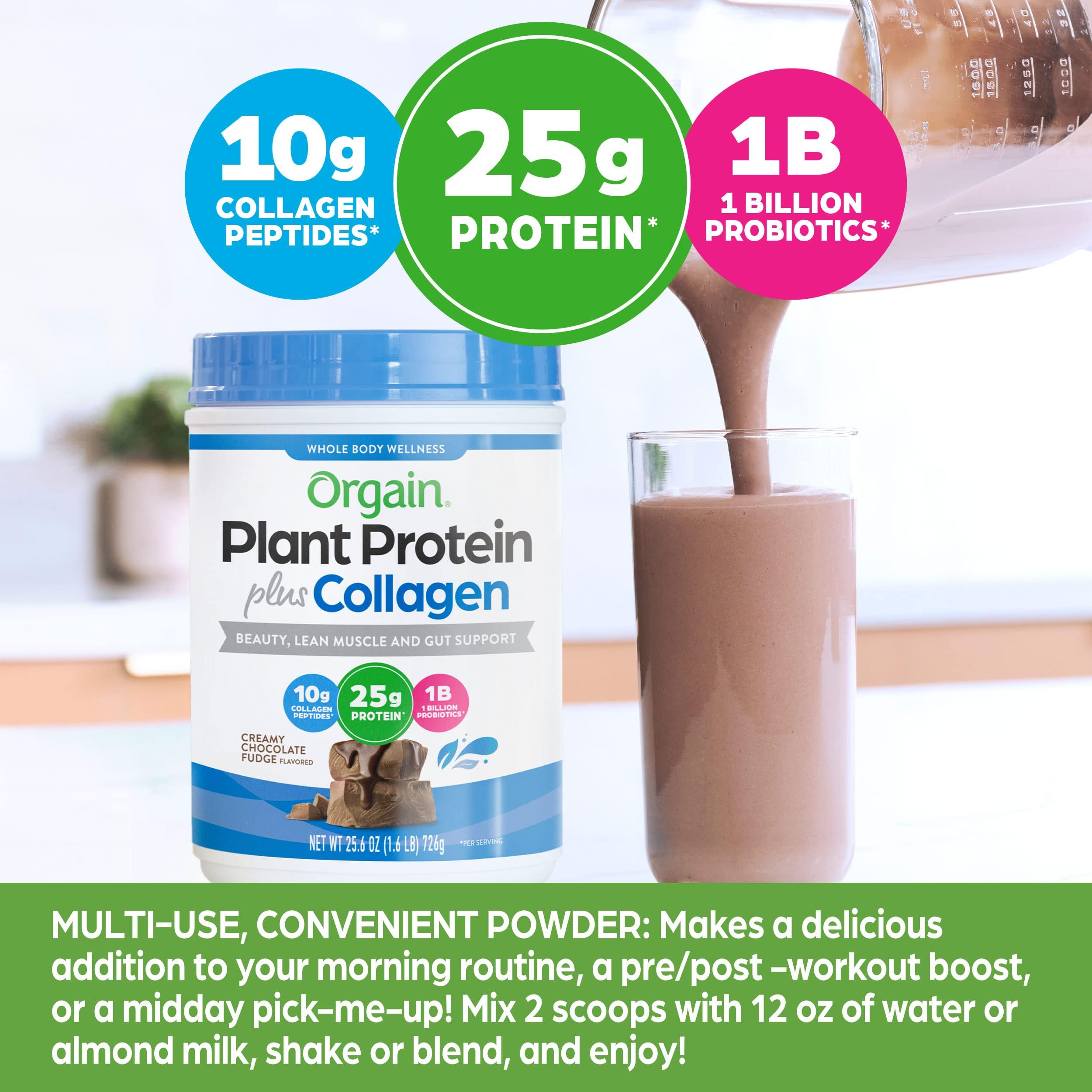 Orgain Protein Powder + Collagen, Creamy Chocolate Fudge - 25g of Protein, 10g Collagen Peptides, Type I & III, 1B CFU Probiotics, Supports Hair, Skin, Nail, Joint & Gut Health, Gluten Free - 1.6lb