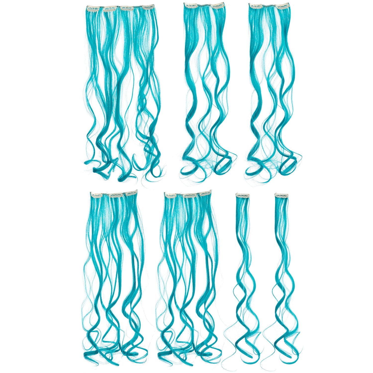 20-Inch Curly, Teal Blue : SWACC 7 Pcs Full Head Party Highlights Clip on in Hair Extensions Colored Hair Streak Synthetic Hairpieces (20-Inch Curly, Teal Blue)
